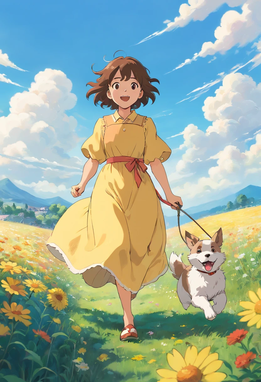 sunny clear sky,Splendid flowers bloom,Girl in long dress running happily with puppy in field