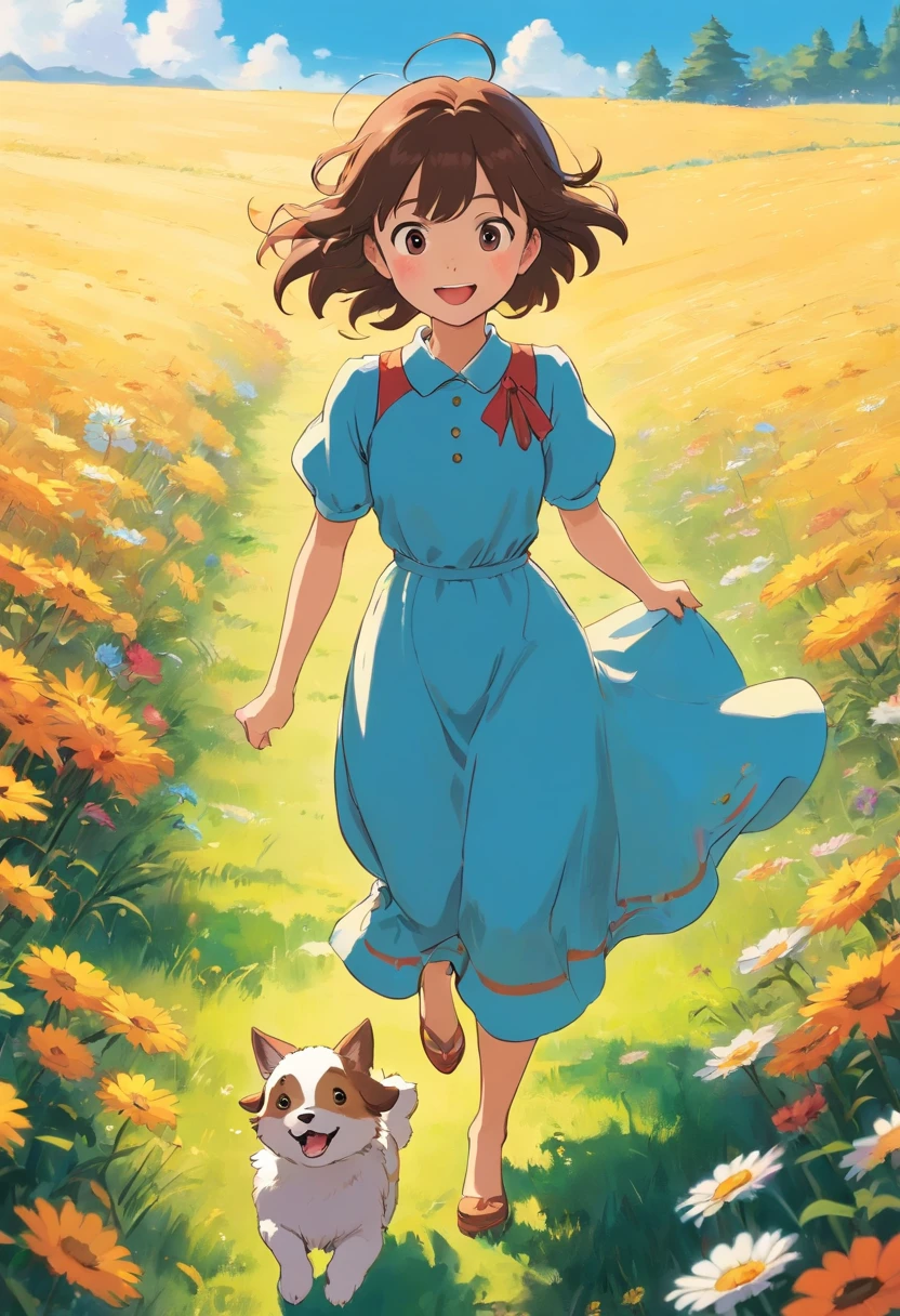 sunny clear sky，Splendid flowers bloom，Girl in long dress running happily with puppy in field