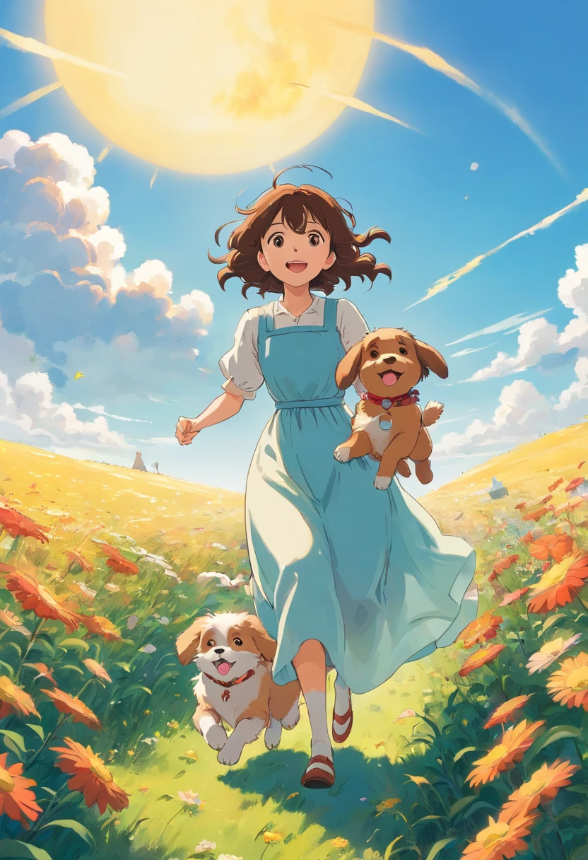 sunny clear sky，Splendid flowers bloom，Girl in long dress running happily with puppy in field