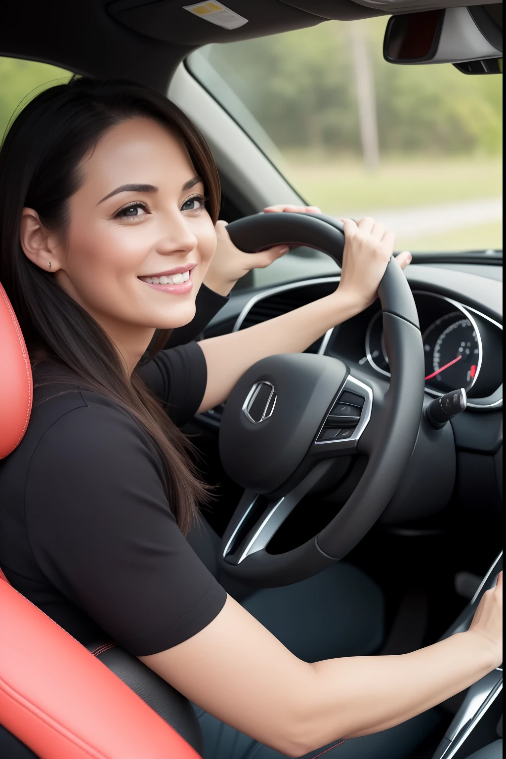 I need an image that contains a woman in her 40s(40 years old) in a car, driving. With your hands on the steering wheel of the car. She needs to be VERY HAPPY