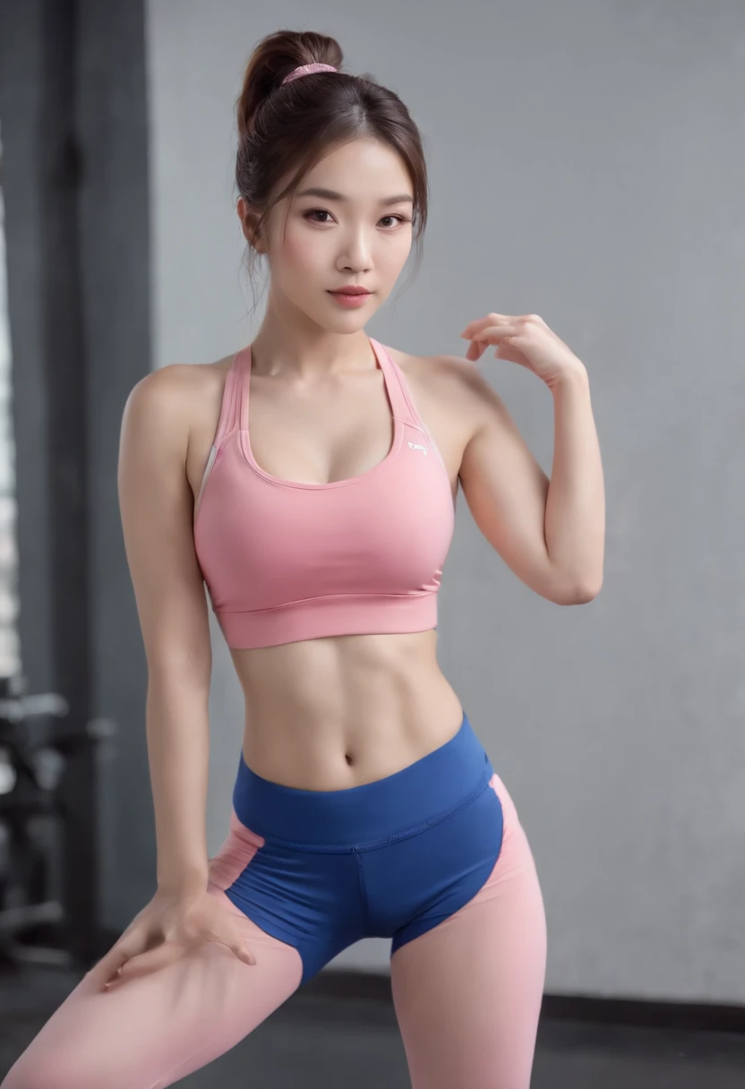 28 year old,Chinese woman,(pink sports bra),(Blue yoga pants),pony tails,Taking, Hold one hip,bended forward,cleavage,in the gym,(Indoor Light),(Photorealistic),(Best quality), (Masterpiece), (A high resolution), Original, Extremely detailed 8k wallpaper, (An extremely delicate),(Realistic Facial Expression),(Realistic skin rendering),
