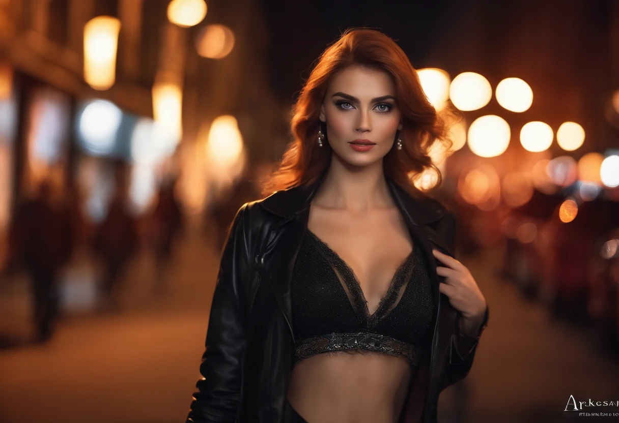 8k, masterpiece, RAW photo, en iyi kalite, fotorealistik, highly detailed CG unity 8k wallpaper, depth of field, Cinematic light, lens flaresi, ray tracing, (an extremely beautiful face, beautiful lips, Beautiful eyes), Face with intricate detail, (ultra-detailed skin), 1 girl, Dark, in deep shadows, beautiful ukranian girl, Ukranian model, 1 erkek, (a very fit and muscular body:1.3), (looking at the audience), (A GREAT TENACIOUS LOOK:1.3), (kolsuz), (Fashion City by Night, dark night, neon tabelalar, Blurred background), moda sokak gece, (arkada insan olmadan:1.3), beautiful earrings, bilezikler, kolye, pantyhose, clear eyes, Walking, (solgun ten), (big eyes), face forward, (upper body shot), (ipek renkli bir elbise:1.3), (red hair), (dar ve dantelli bir elbise), (saydam), (looking at the audience:1.3) open chest, very thin, medium-sized breasts, Don't turn your back, (Rear shot), saydam, Buttocks of medium size,.