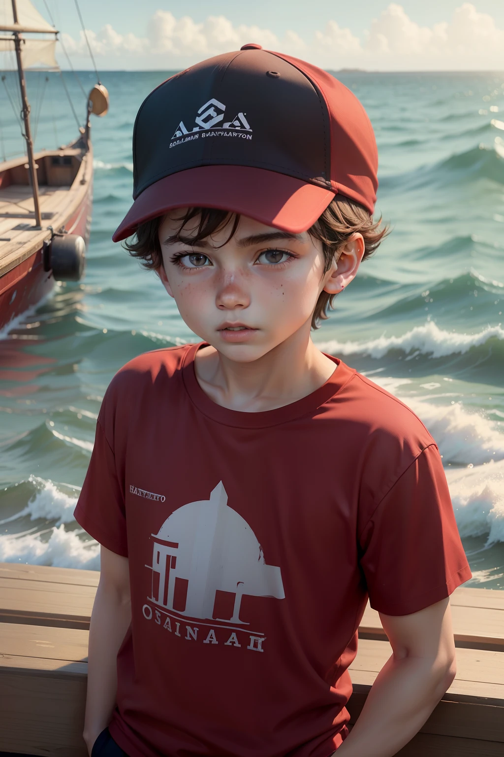 /Imagine: Boy in red shirt and red cap, Jornada, determination, Mar, Barco, Aventura, Horizonte, Oceano, Determinado, Coragem, Sonhos