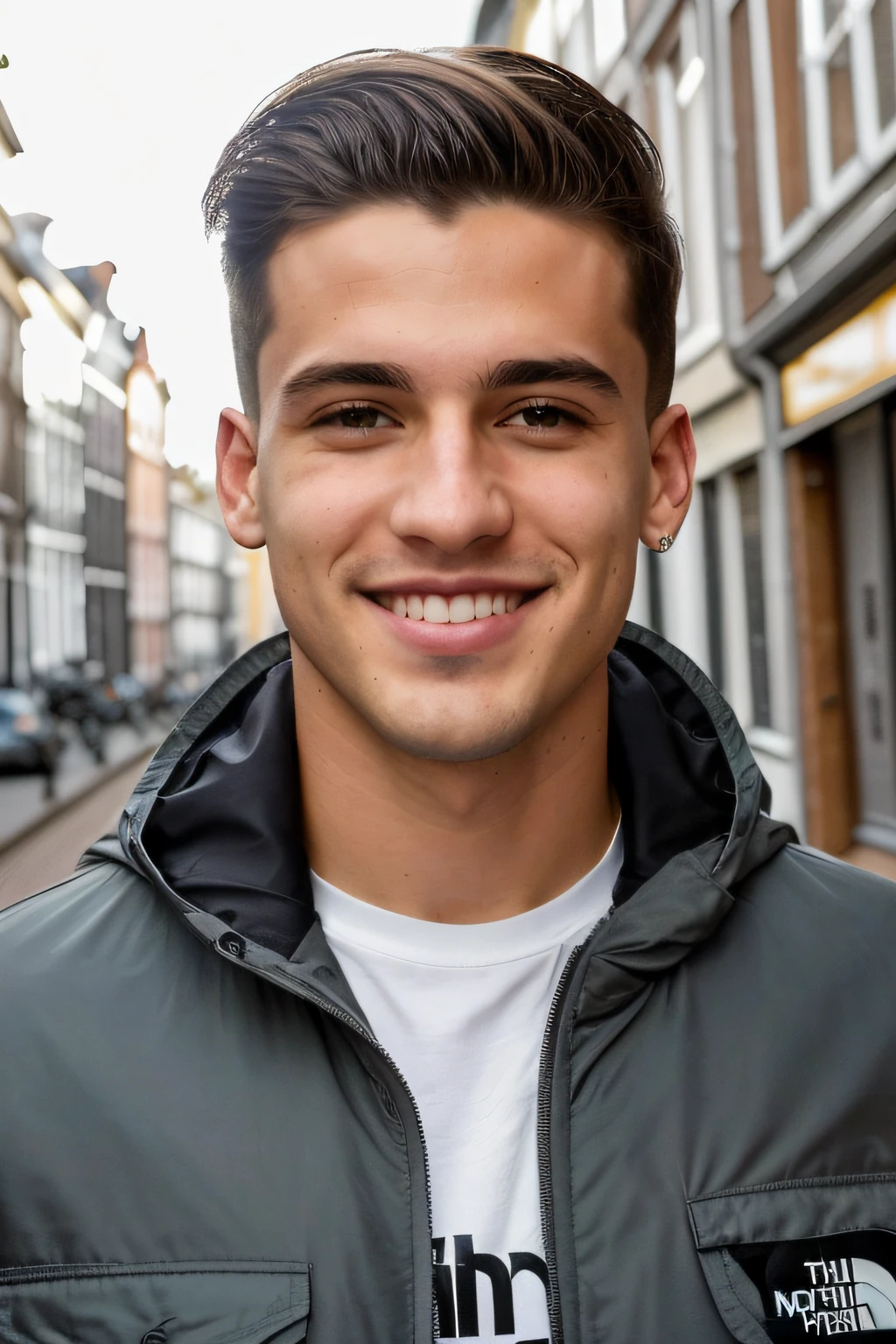 (olhos verdes castanhos brilhantes), (corte de cabelo encaracolado e desbotado: 1.14), (homem italiano 19 anos) ((sorriso, lustre)), rosto detalhado, ((vestindo uma jaqueta preta da the north face, corte de cabelo ondulado baixo desbotado)), ((em uma cidade da holanda)), detalhes intrincados, sun illumination, 80mm, selfie para instagram, sorrindo, feliz