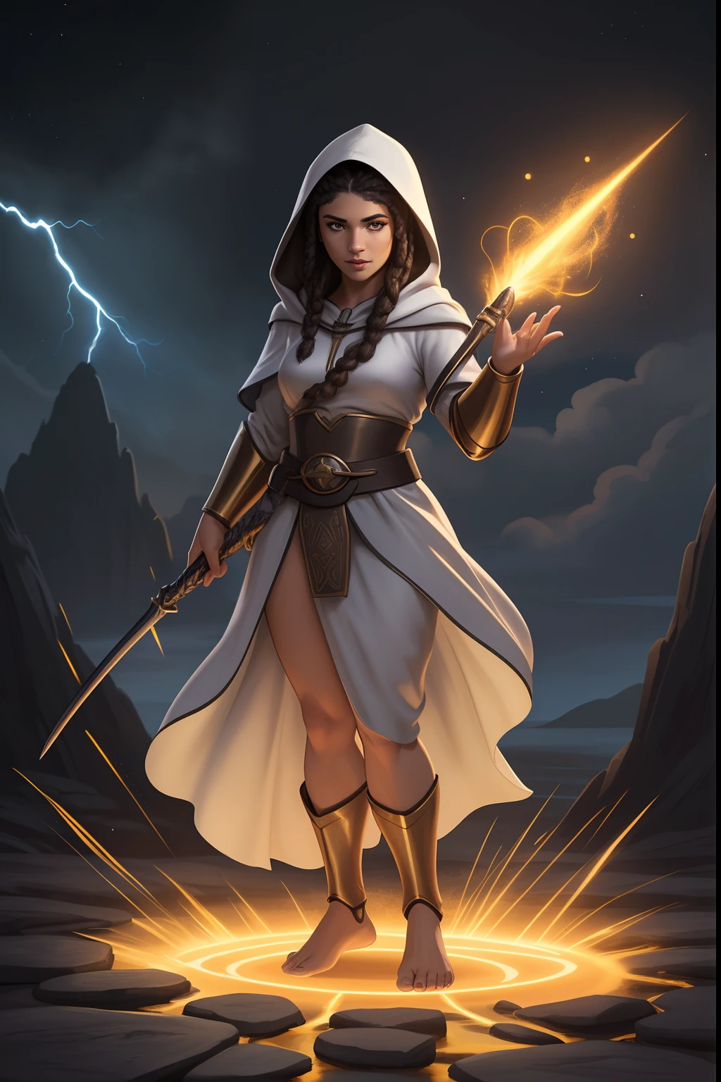 Masterpiece, highest quality, details, brown Latin female, mage, wizard, laboratory, long coat, innocent, brown hair, golden brown skin, tanned skin