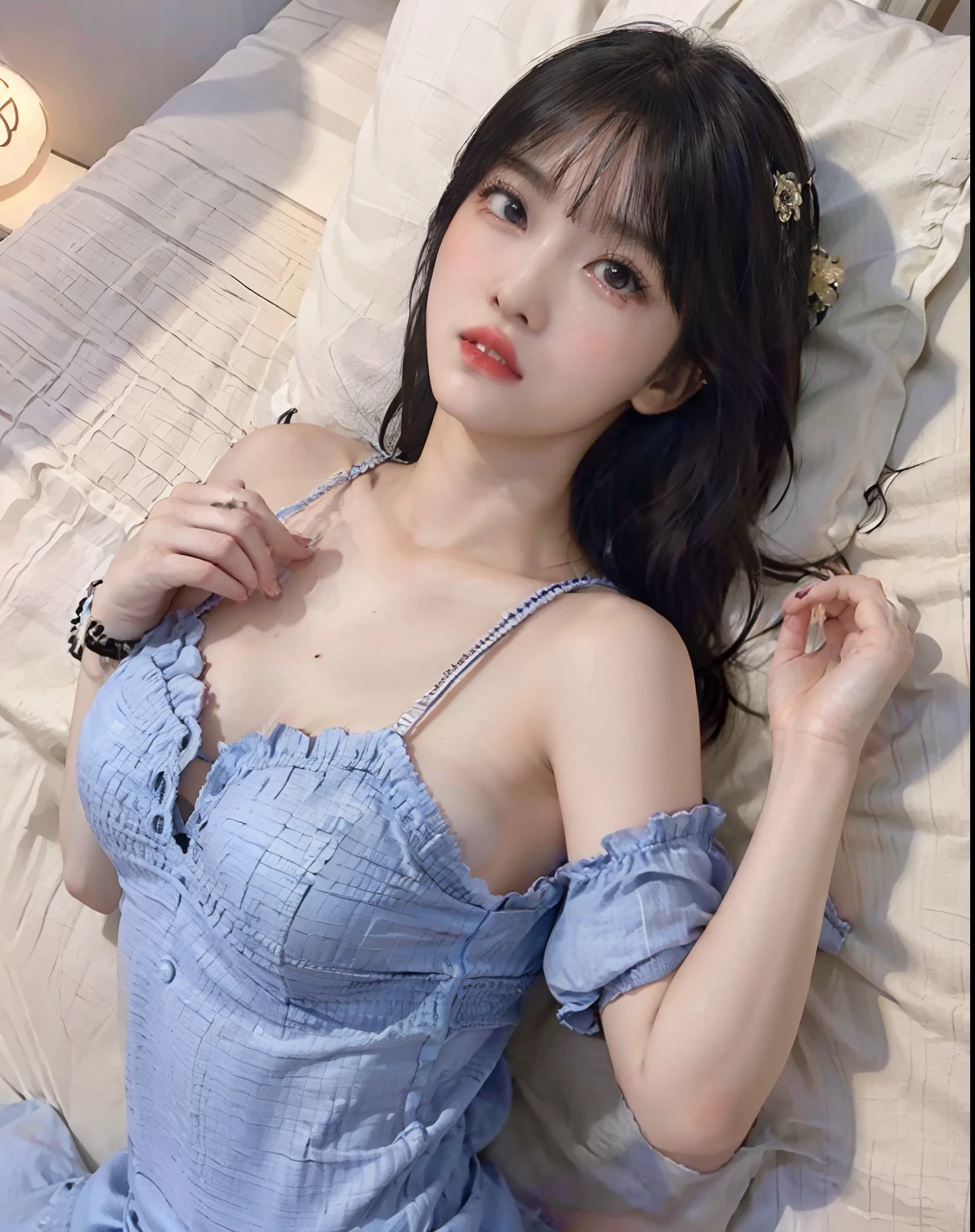 lyin in bed、Colossal tits、cleavage of the breast、perfect hand、Perfect fingers、perfect chest、Perfect fit、perfect bodies、face perfect、Perfect image realism、细致背景、White cardigan、Photorealsitic、Unreal Engine、3DCG、8K maximum resolution very detailed、nightgown、gargantuan butt、Stick out your buttocks、Side