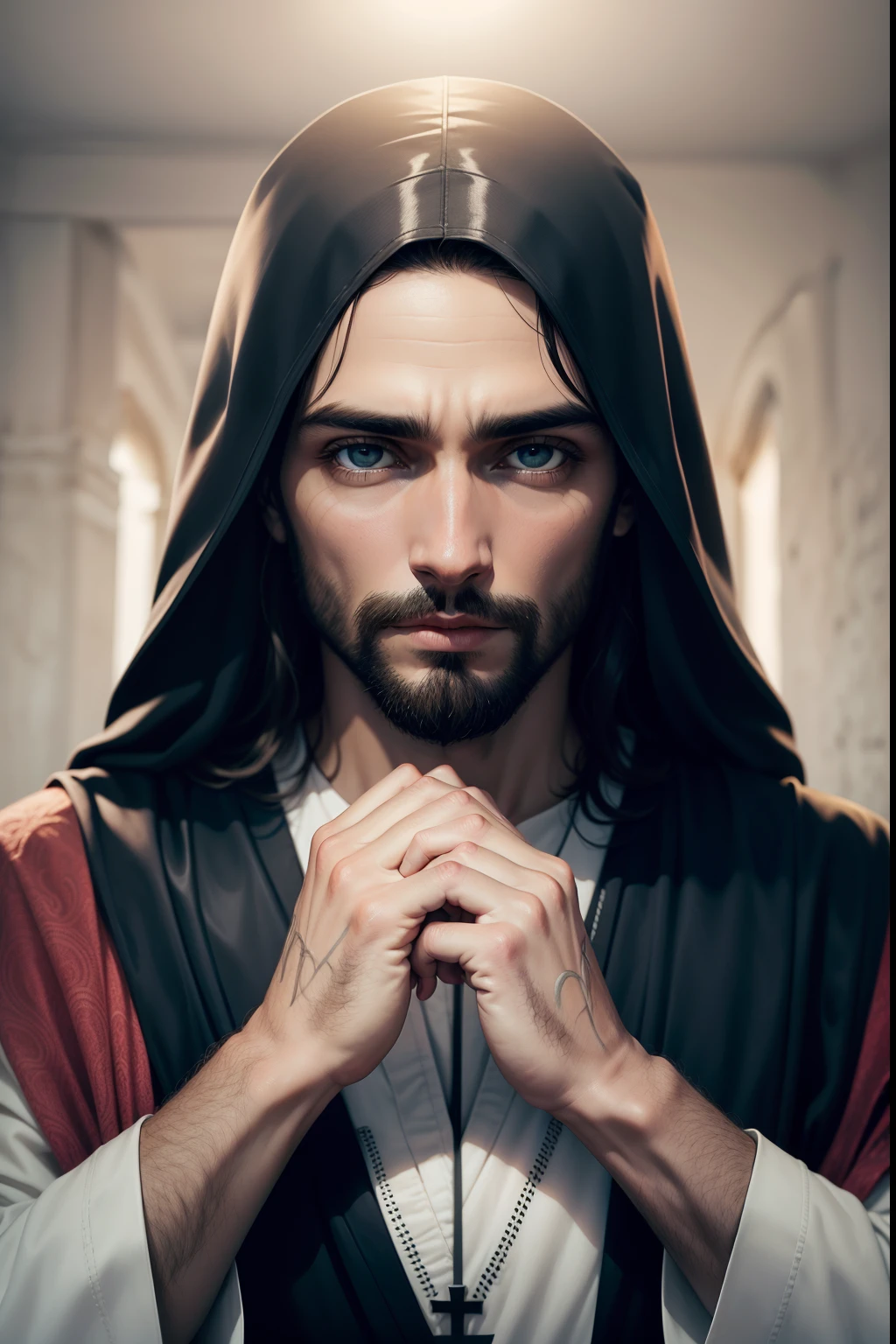 jesus cristo orando com os olhos abertos, olhando para camera