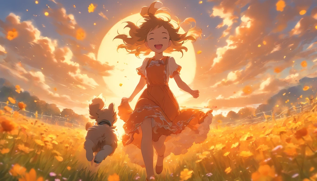 sunny clear sky,Splendid flowers bloom,Girl in long dress running happily with puppy in field