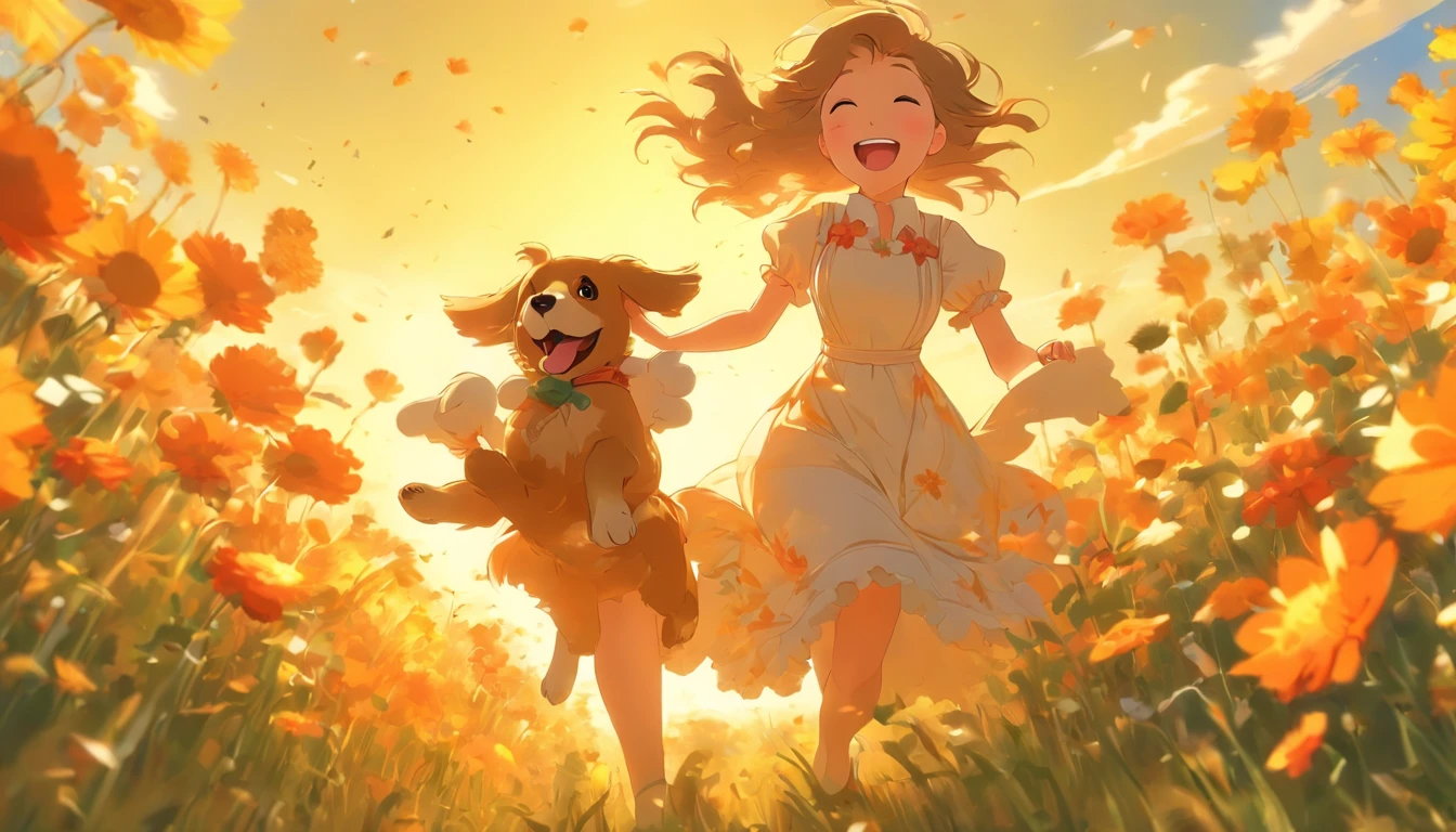 sunny clear sky,Splendid flowers bloom,Girl in long dress running happily with puppy in field