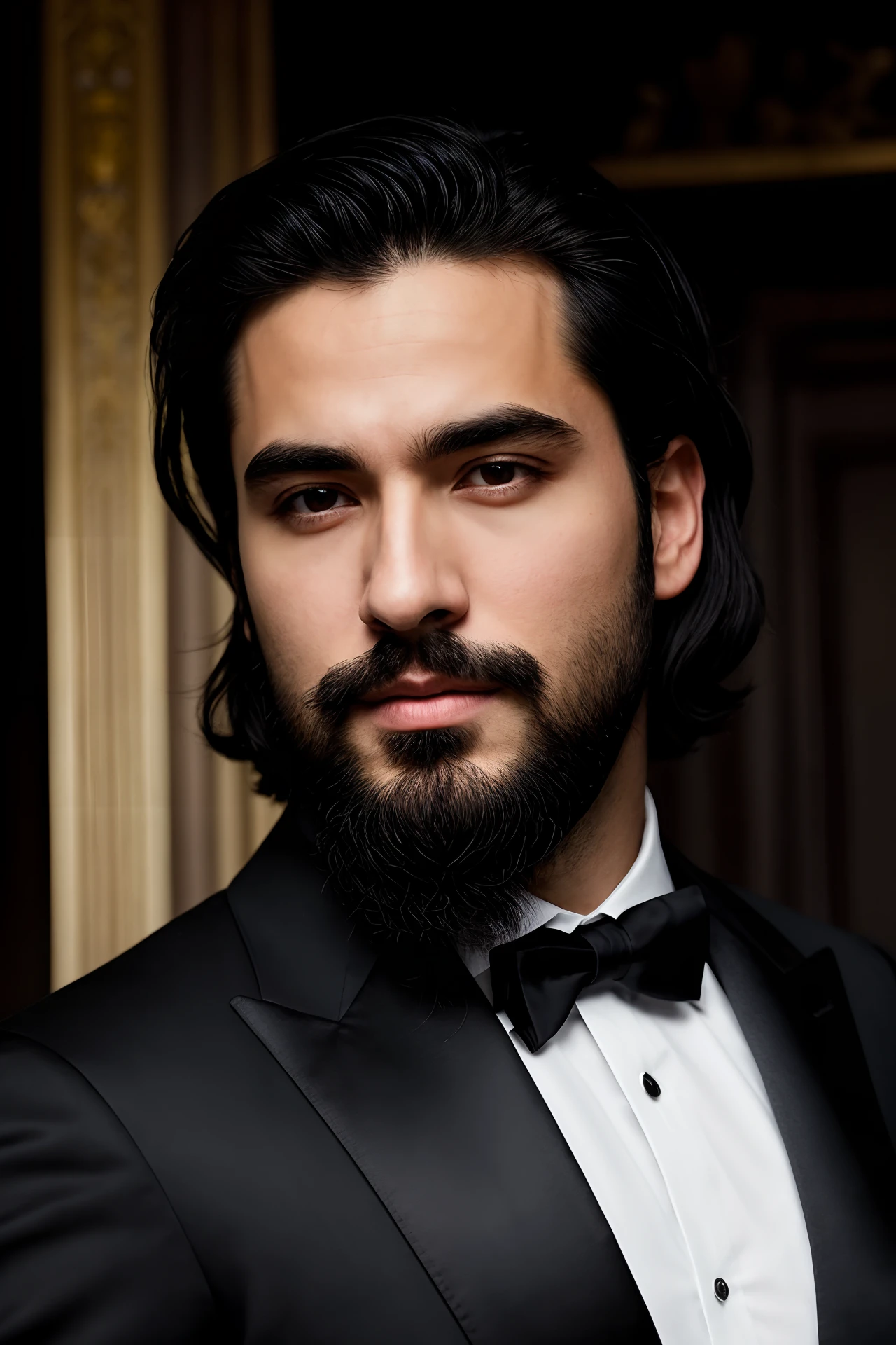 A man with arrogant features, light black hair, with a light beard, dramatic lighting, pores, face, half body, formal black clothes, realistic, very clear, clear features, full face, features of arrogance and grandeur