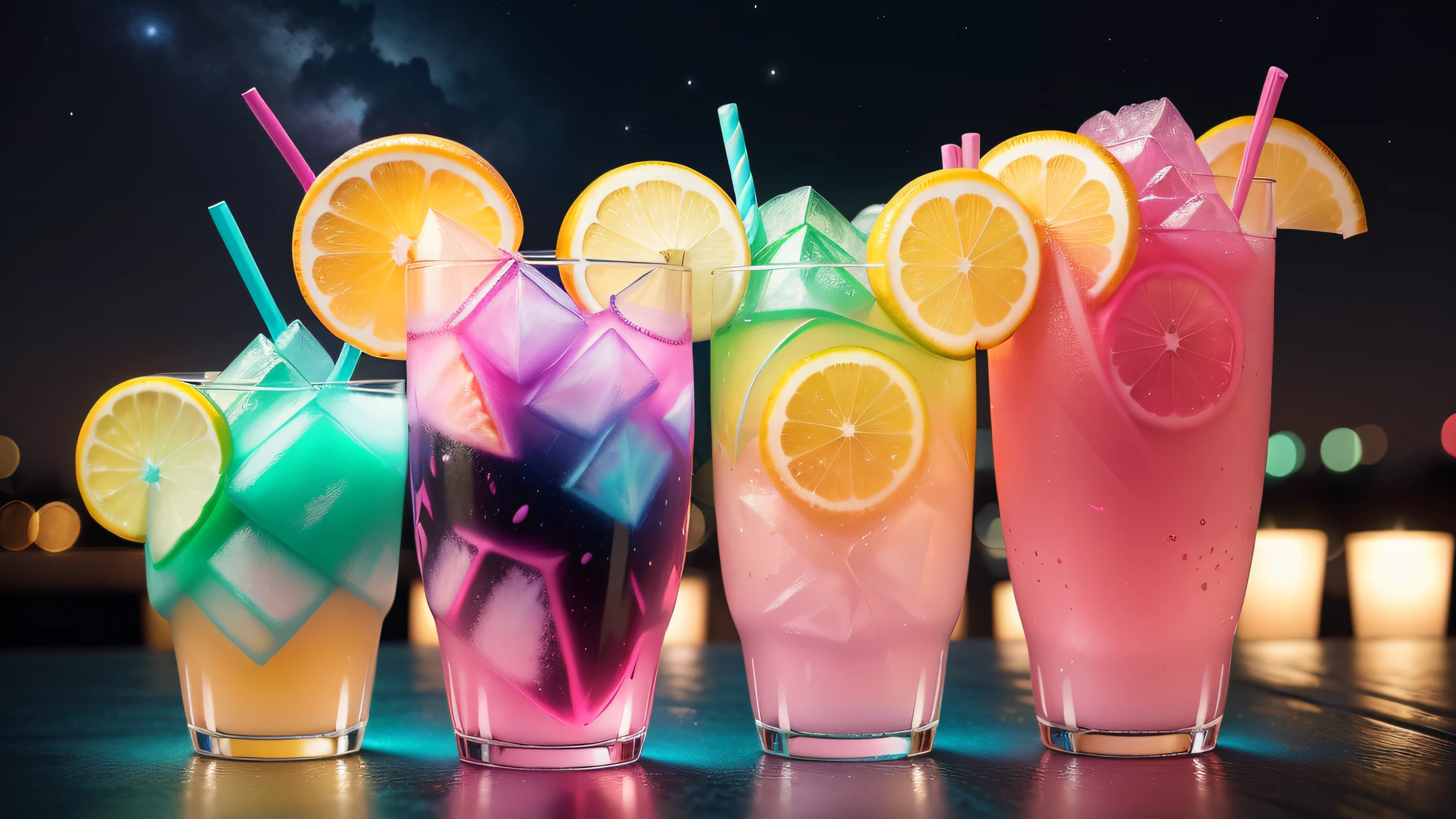 (8k、Fotografia RAW、qualidade superior、obra prima:1.2)、(realisitic、Fotorrealista:1.37)、(ultra-detalhada)、drinks de bebidas nortuna, com tons de leds azuis e rosa, people dancing in a gigantic venue with universe in the background, muito realismo com a natureza iluminado por neon futurista, Com Miami Vice Colors, Neon pink and blue drinks in beautiful night in the galaxy