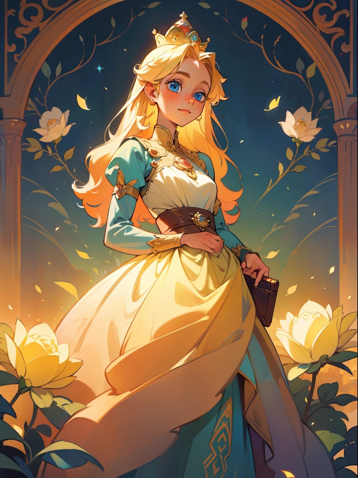 A girl with stunning blue eyes, a radiant smile, and flowing golden hair; wearing an elegant gown adorned with delicate flowers. The princess of the month of June gracefully stands in a magical garden, surrounded by blooming roses and vibrant summer foliage. The intricately designed crown on her head glistens under the sunlight, symbolizing her regal status. Her gentle gaze reflects the warmth and enchantment of the June season. The artwork is created using a combination of oil painting and 3D rendering techniques, resulting in a mesmerizing medium that brings the princess to life. With the best quality, 4k resolution, and ultra-detailed features, this masterpiece captures the princess's beauty with photorealistic precision. The vibrant colors and meticulous attention to detail further enhance the depth and realism of the image. Soft, warm hues dominate the color palette, accentuating the royal atmosphere of the scene. The garden is bathed in soft, golden sunlight, casting a warm glow and creating a dreamlike ambiance.