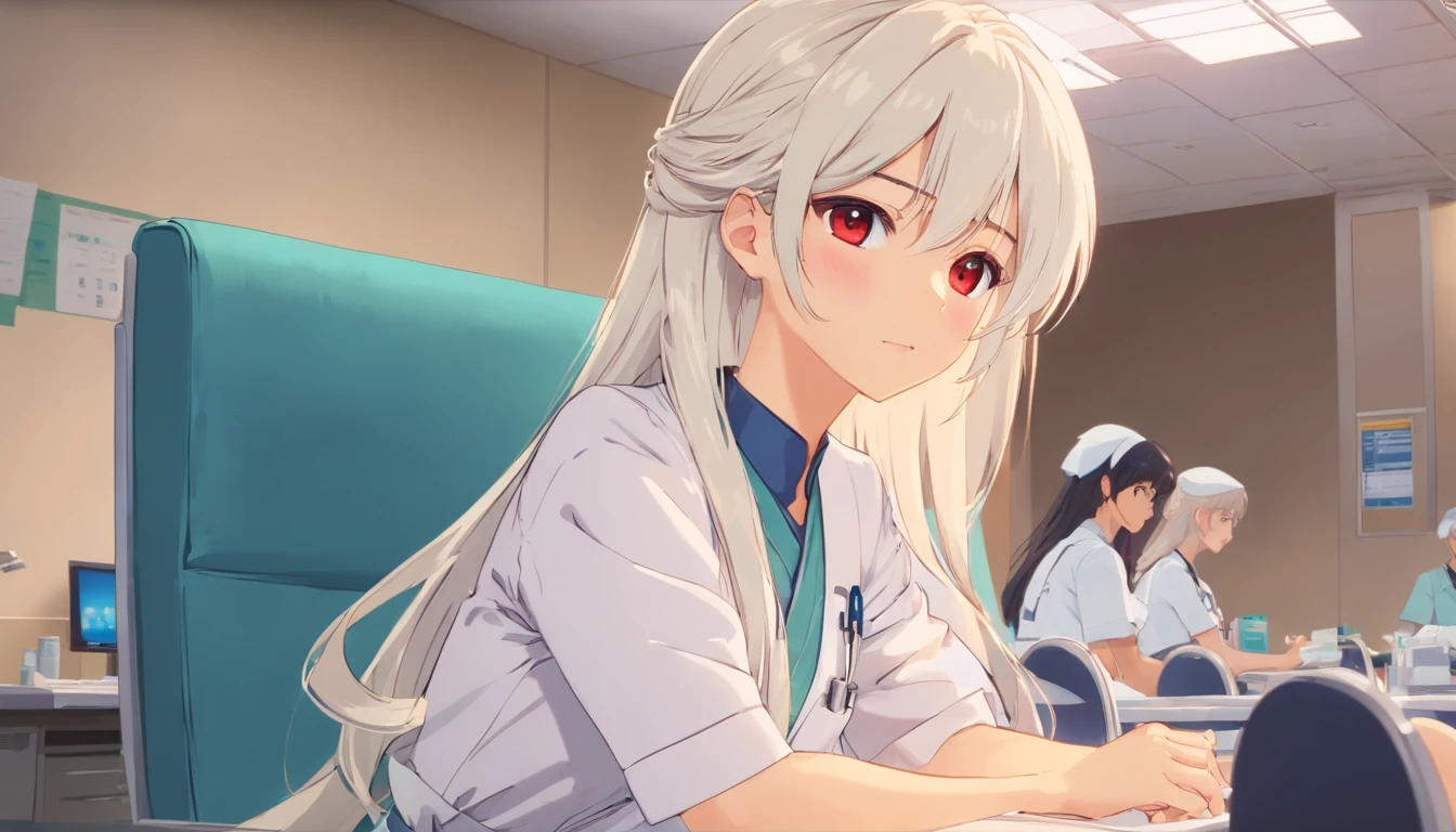 4k quality, ultra quality, very detailed, clear image, anime girl, very long white hair, moving hair, red eyes, prominent earrings, nurse's outfit, skin-tight clothing, full breasts, thick thighs, hospital reception , sitting at the table, legs crossed