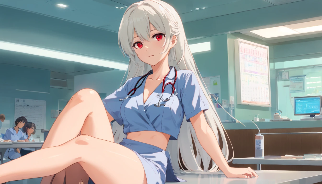 4k quality, ultra quality, very detailed, clear image, anime girl, very long white hair, moving hair, red eyes, prominent earrings, nurse's outfit, skin-tight clothing, full breasts, thick thighs, hospital reception , sitting at the table, legs crossed