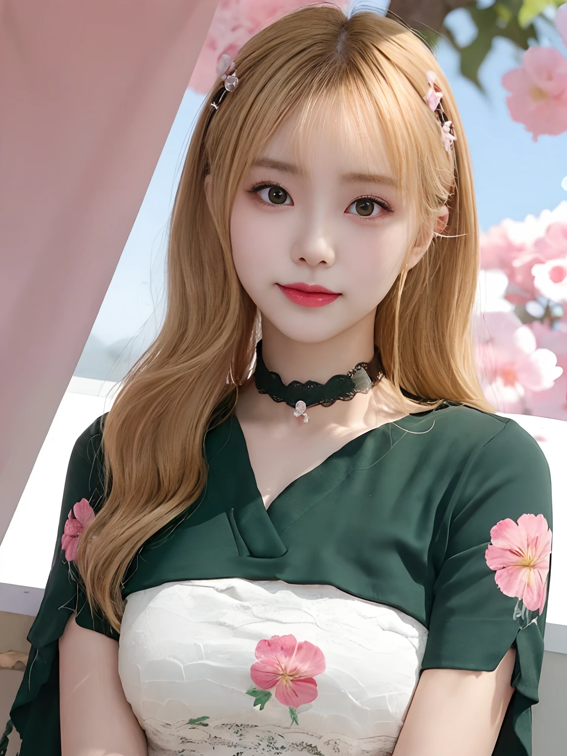 (realisticlying,Painting_Style,)A MILF, 1girl in, 独奏,, Virtual Youtuber,blonde hair, Dark green eyes, a choker, florals, shorth hair, realisticeyes, tilt of the head, Self-righteous, up looking_で_viewer, Skysky, mont, plein air, clouds, bangss, The upper part of the body, pink flowers, 鎖骨, Orange shirt, cparted lips, s lips, Lace trim, A smile, Black Choker, Mountain Horizon, cloudy ash sky, is standing, Holding_Flowers