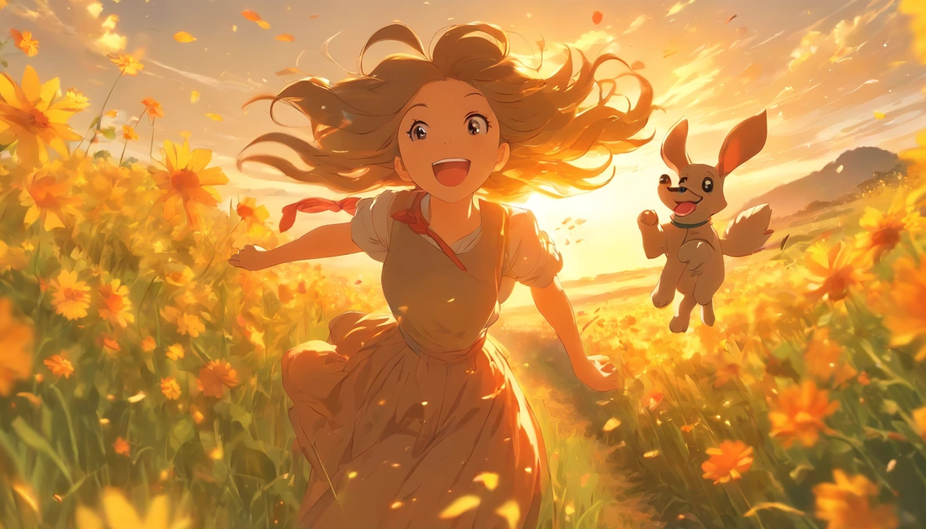 sunny clear sky,Splendid flowers bloom,Long-haired girl in long skirt running happily with puppy in field
