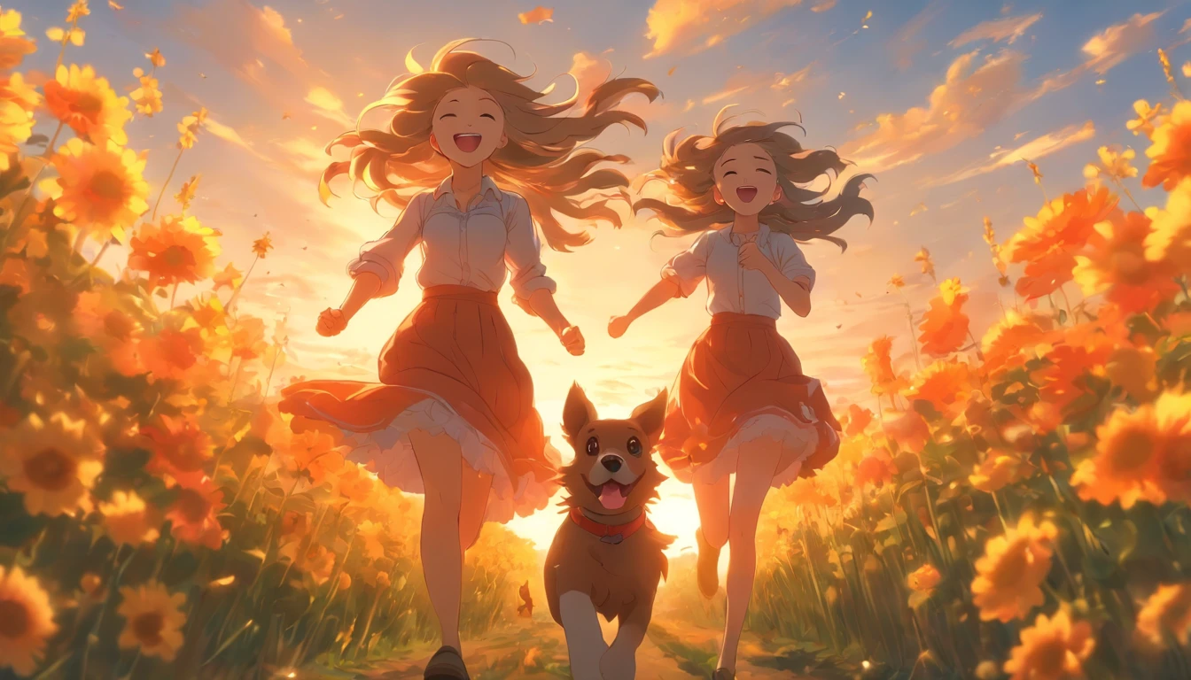 sunny clear sky,Splendid flowers bloom,Long-haired girl in long skirt running happily with puppy in field