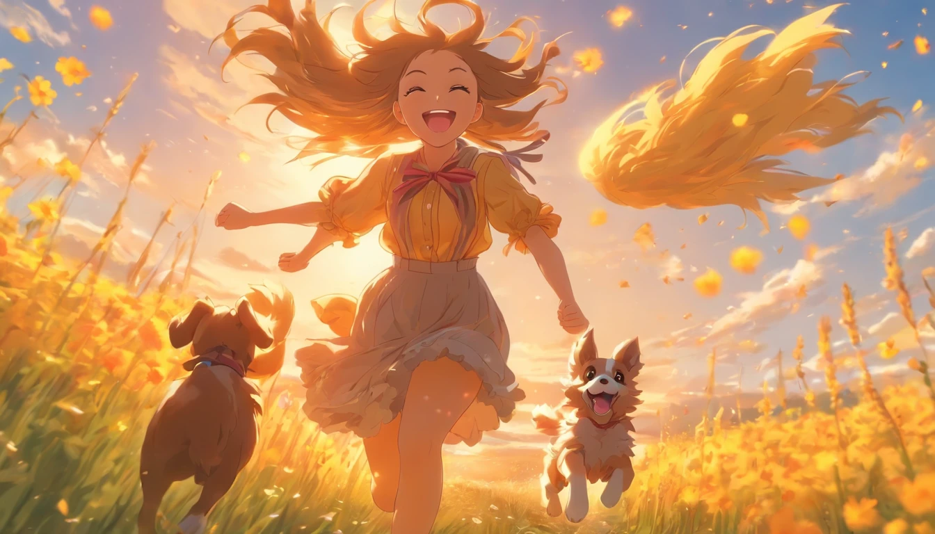 sunny clear sky,Splendid flowers bloom,Long-haired girl in long skirt running happily with puppy in field