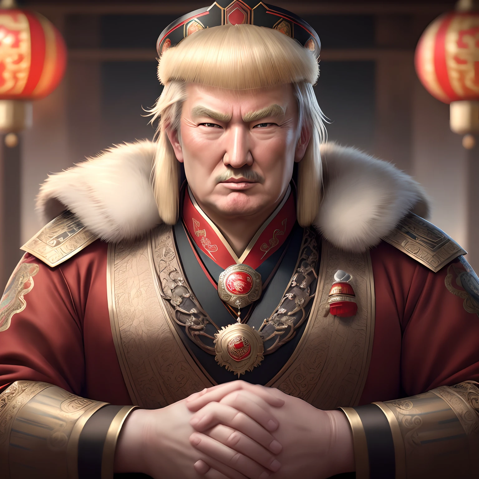 masterpiece, best quality, 1man,genghis khan, donald trump face ,intricate, ornaments detailed, cold colors, metal, highly intricate details, realistic light, trending on cgsociety, glowing eyes, facing camera, neon details, ultra realistic details, portrait full body, chinese atmosphere, global illumination, shadows, octane render, 8k, ultra sharp