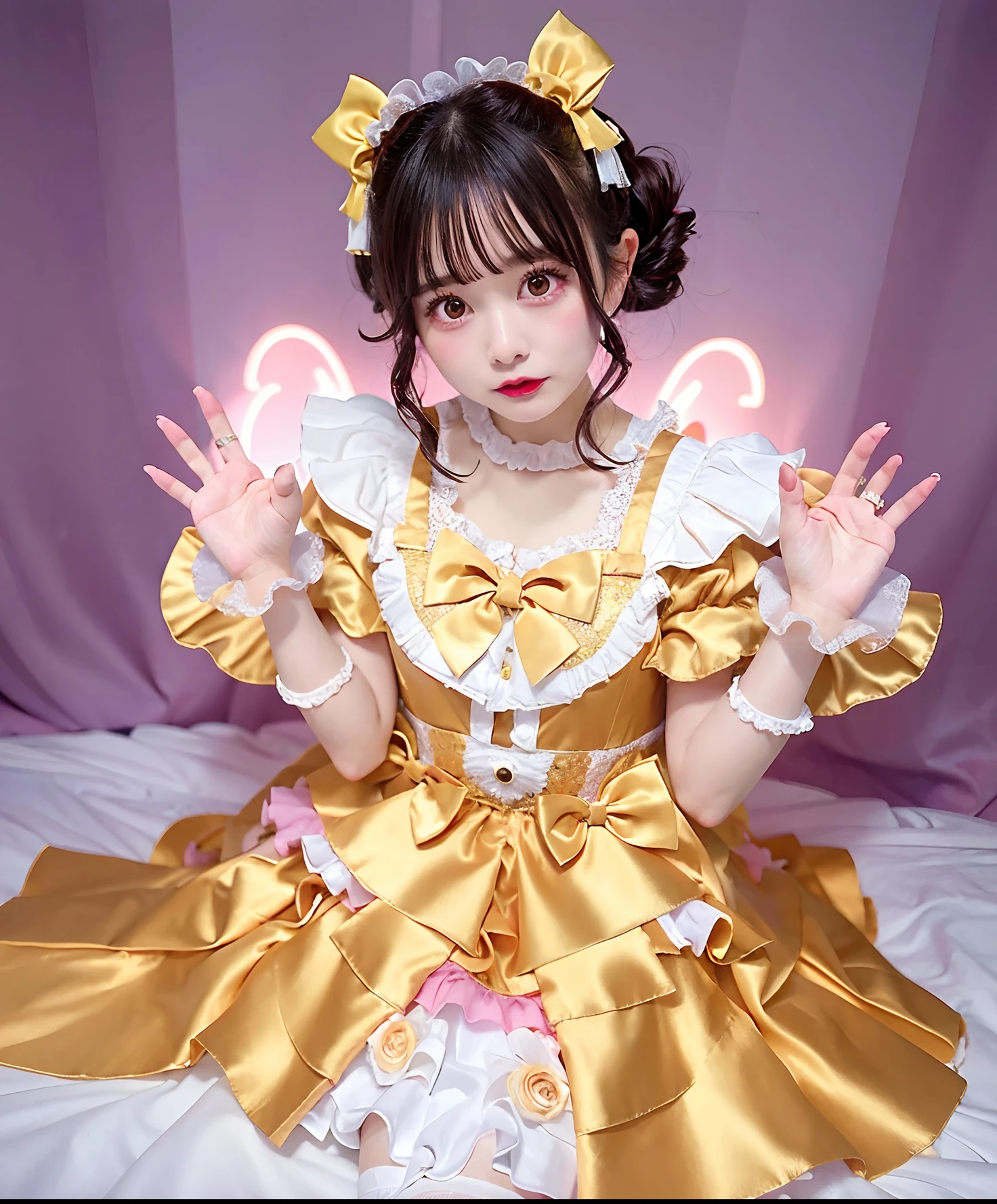 Woman in gold satin dress posing for photo, angelic pretty, Belle Delphine, fairycore, kawaii decora rainbowcore, portrait of the magical Lolita girl, Lolita style, y 2 k cutecore clowncore, cutecore, Lolita Fashion, by Ayami Kojima, kinomoto sakura, Satin costume with frills, Lori, juri misaki