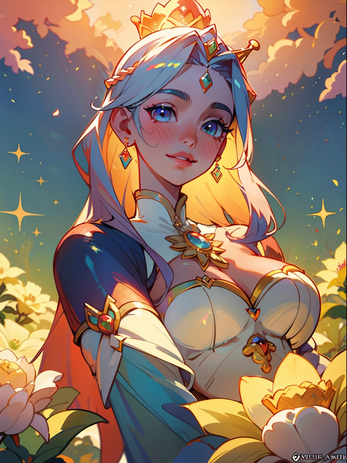 princess of the month of July,illustration,colorful,beautiful detailed eyes,beautiful detailed lips,vibrant flowers,crown,fine silk gown,summer garden,vivid colors,soft sunlight,best quality,ultra-detailed,photorealistic,summer breeze,delicate features,natural beauty,rosy cheeks,long flowing hair,graceful posture,enchanted expression,elegant tiara,sparkling jewelry,royal palace,exquisite details,celestial atmosphere,emotionally captivating,graceful demeanor,happy and radiant,delightful smile,lush greenery,fragrant blossoms,ethereal and majestic,warm and inviting,adorned with jewels,month of abundance,royal heritage,grander than dreams,depth of character,majestic aura,marvelous and regal,celebration of July,queen of the summer kingdom.