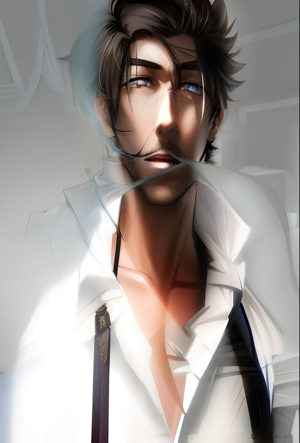 um close up de uma pessoa com uma arma em uma camisa branca, inspirado em Tomioka Tessai, cara de anime alto com olhos azuis, Retrato de Eren Yeager, personagem de anime masculino, personagem principal, homem bonito anime, Kazuya Tsurumaki, name of the character is chad, Taisho Romano, Makoto Shinka
