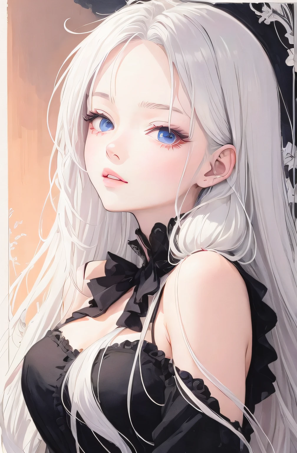[(white background:1.4)::5], [(transparent background:1.3)::5],
\\
masterpiece,best quality,extremely detailed CG unity 8k wallpaper,white hair,long_hair,hair glass flower,Cyan eyes,small breasts,ink and wash painting,blue theme,trench_coat,glass land,1girl,flat shading,upper body,bare shoulders,hidden hands,beautiful eyes,full body,sitting,