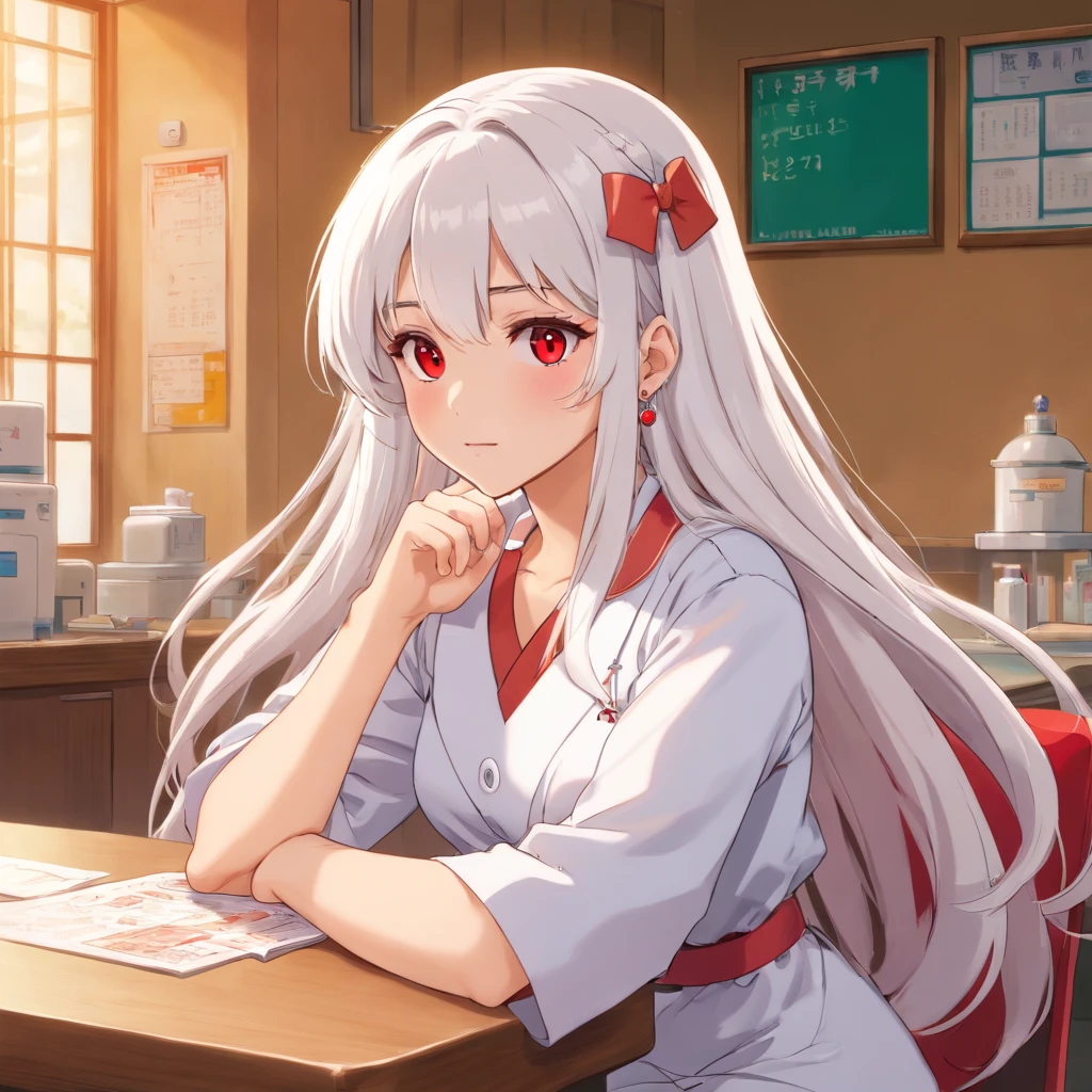 4k quality, ultra quality, very detailed, clear image, anime girl, very long white hair, moving hair, red eyes, prominent earrings, nurse's outfit, skin-tight clothing, full breasts, thick thighs, hospital reception , sitting at the table, legs crossed