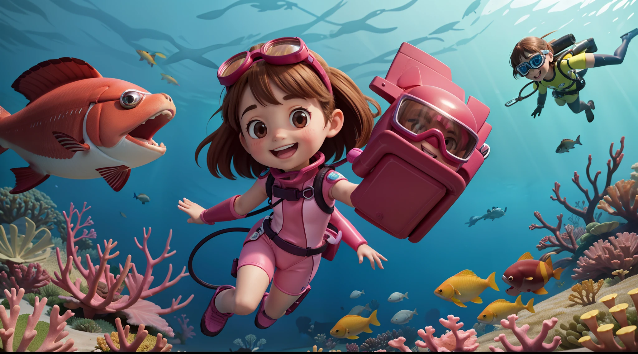 Frontal image of a 5-year-old girl standing, happy, with brown hair, brown eyes, rosy cheeks, arms spread apart, legs apart, wearing diving goggles, a pink diving suit, diving gloves, and diving shoes, underwater among corals and fish, in the style of a children's book illustration.