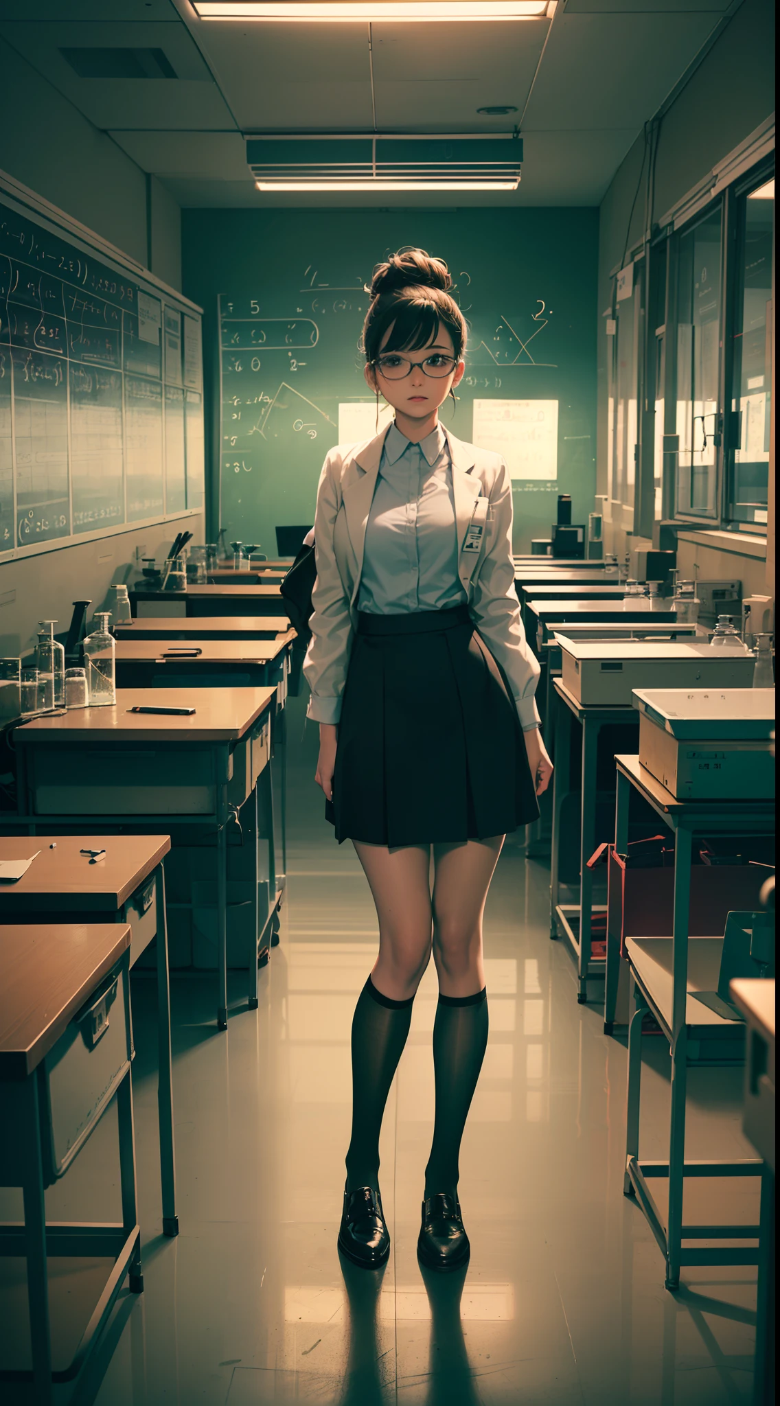 A teacher stands in front of a blackboard,Face students,(Cowboy shot,Above Knee Portrait:1.0),Bookish Girl,Medium chest breasts,Teacher Career Kit,Black stockings,Messy bun,Glasses,(Laboratory,Classroom,Experimental equipment,The blackboard is full of equations,Students in a dimly lit lab:1.25),