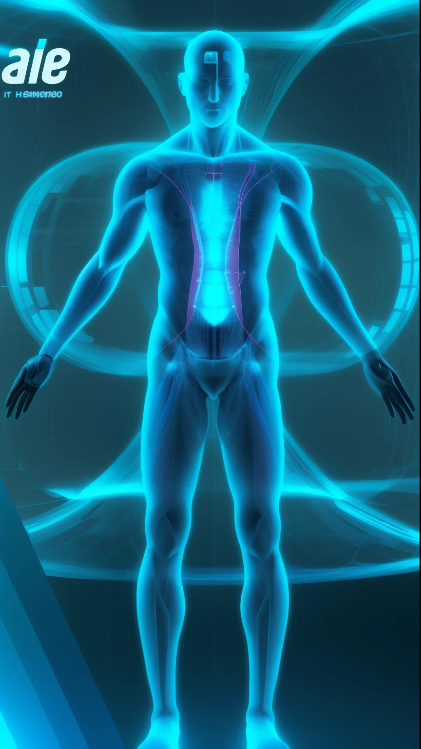 A man with a heart in his chest and a blue background, cybernetic body, corpo humano abstrato, Symmetrical anatomy of the body, simetric body, Energy body, cosmic energy wires, corpo coerente, plano do corpo humano, corpo humano proporcional, Cybernetic body parts, medical image, simetric body, transmogrify corporal, Homem Vitruviano