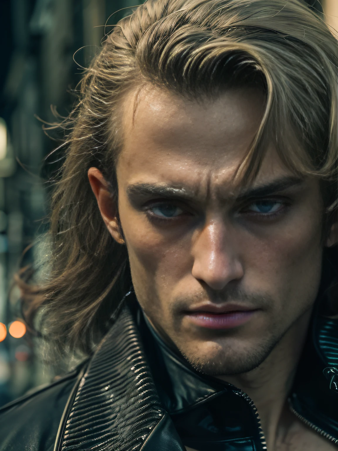 30 year old man,a handsome,against the backdrop of a metropolis, It's dark night, l vampire, hairlong, pale skin, Serious, hyper realisitc, Stuart Townsend, Vampire Lestat de Lioncourt, From the movie "Queen of the Damned"(A detailed eye:1.3),BazleColor Eye,full bodyesbian