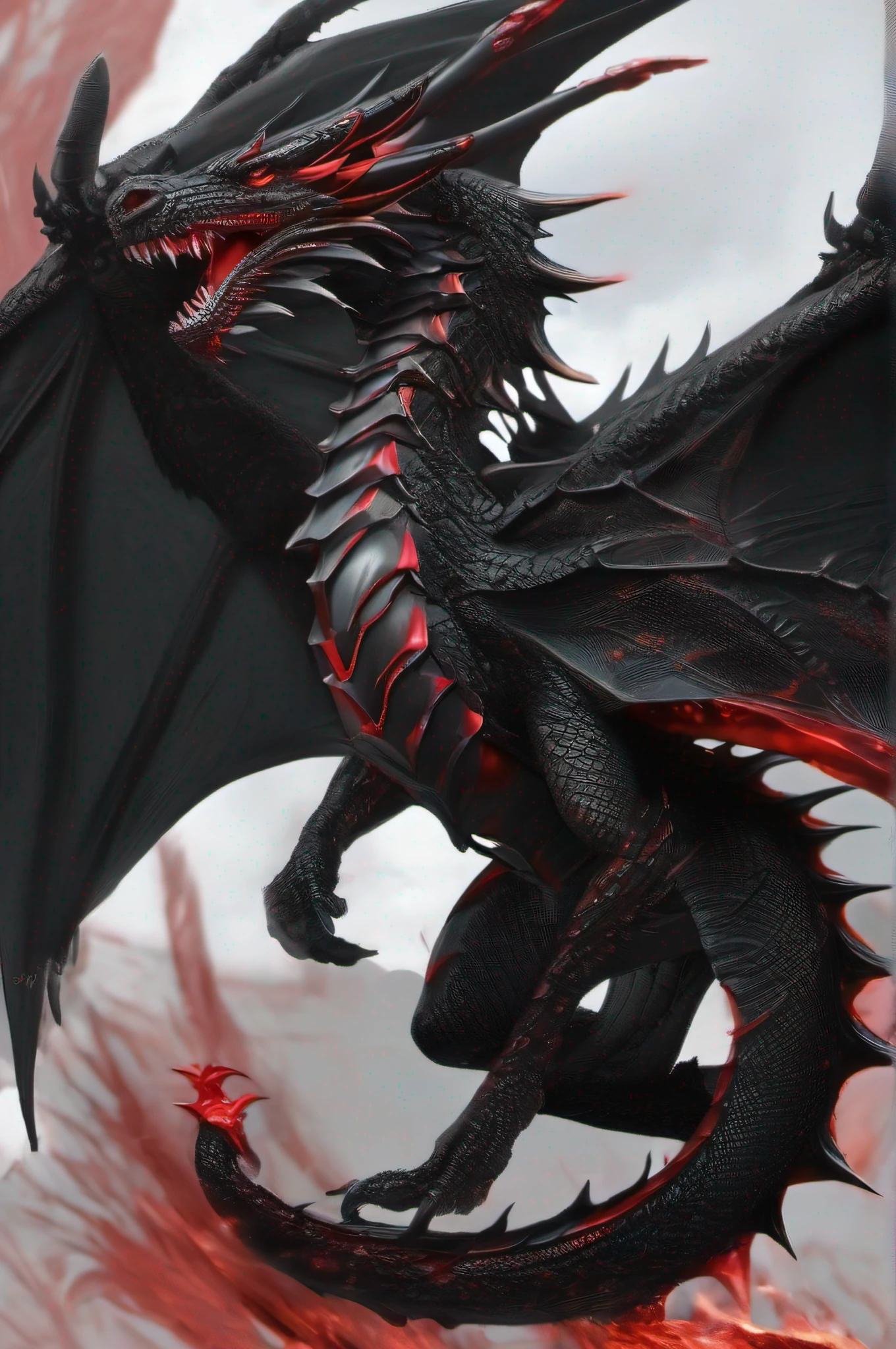 Make me a black dragon and red eyes, he must be flying, its two huge wings in the sky and with its jaw open, he has to be extremely scary and horrendous: Dragons are covered in scales, as well as spines that run down its back from head to tail. Particularly large ridges of antlers frame the edges of their faces., running along the back of the skull and along the jawline, that grow as they mature. Adult dragons have two sets of ruffles that run along the back of their necks and spine., two along the sides of their necks and another two centered closer to the backbone, for a total of four ruffles. These are formed by webs that grow between longer spines.