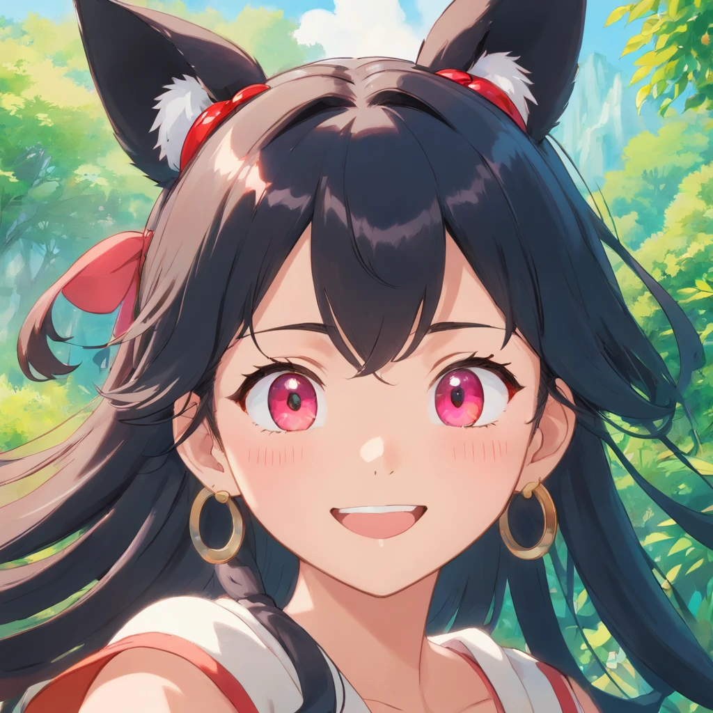 black hair, hair bobbles, wince, longeyelashes, solid circle eyes, fake animal ears, light smile, ear blush, fang, Surrealism, drop shadow, anaglyph, stereogram, tachi-e, pov, atmospheric perspective, 8k, super detail, ccurate, best quality