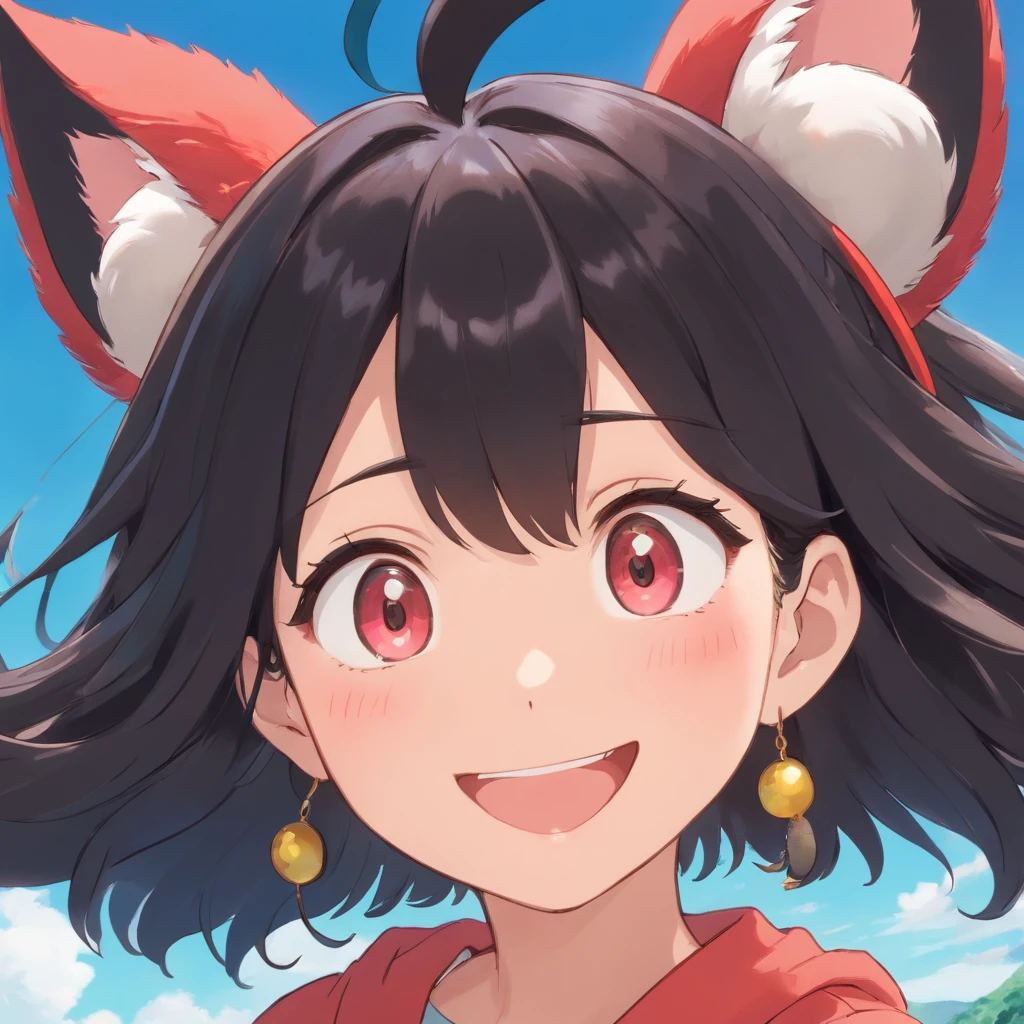 black hair, hair bobbles, wince, longeyelashes, solid circle eyes, fake animal ears, light smile, ear blush, fang, Surrealism, drop shadow, anaglyph, stereogram, tachi-e, pov, atmospheric perspective, 8k, super detail, ccurate, best quality