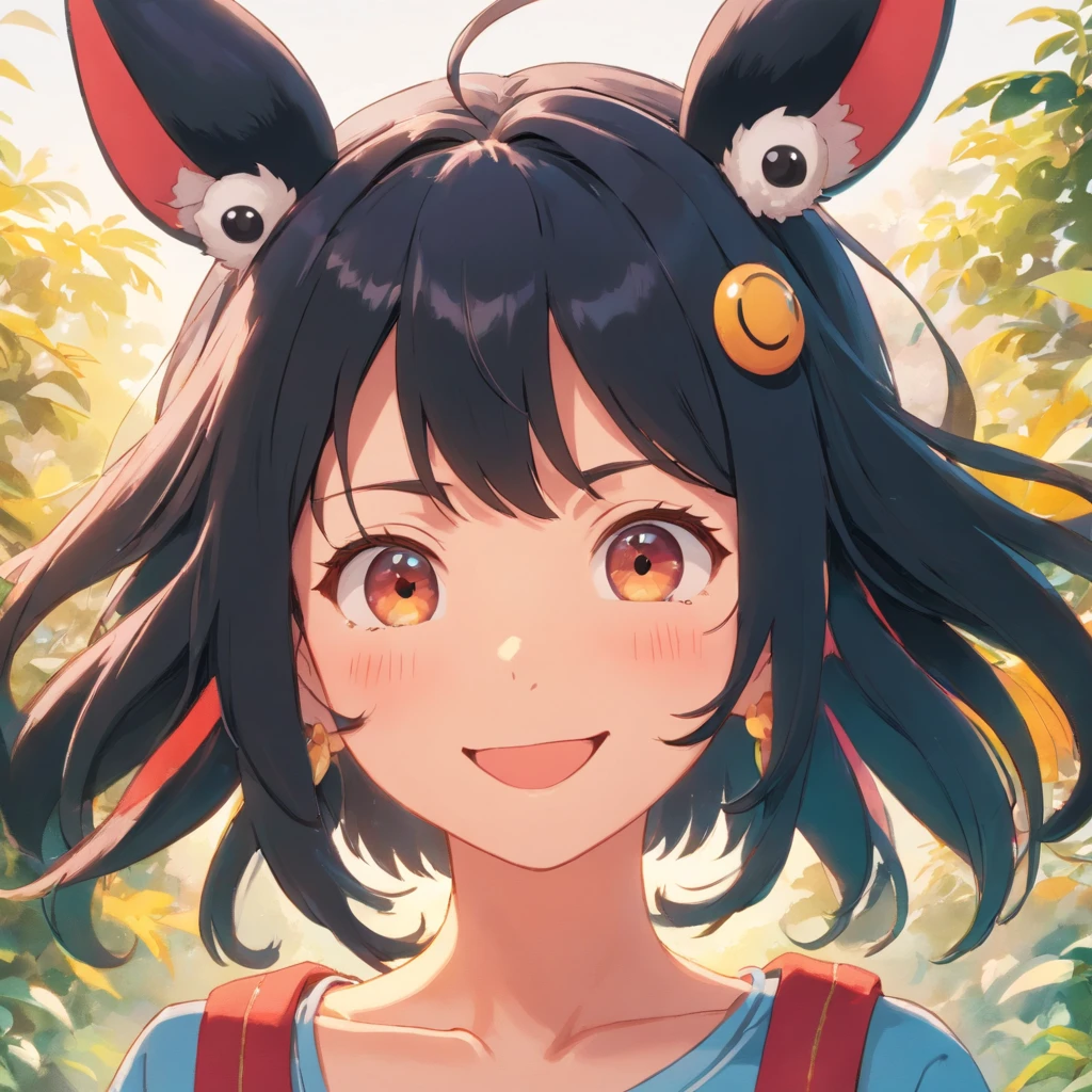 black hair, hair bobbles, wince, longeyelashes, solid circle eyes, fake animal ears, light smile, ear blush, fang, Surrealism, drop shadow, anaglyph, stereogram, tachi-e, pov, atmospheric perspective, 8k, super detail, ccurate, best quality