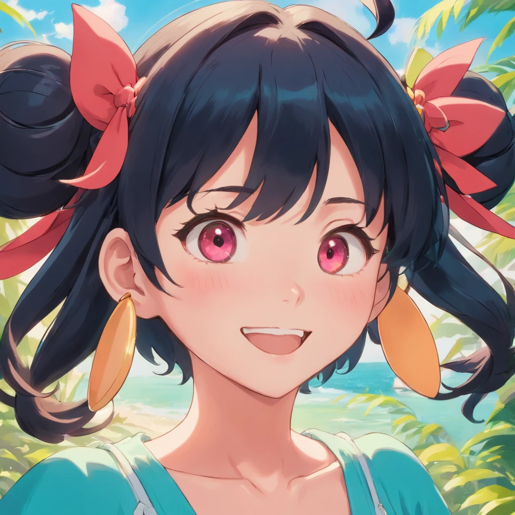 black hair, hair bobbles, wince, longeyelashes, solid circle eyes, fake animal ears, light smile, ear blush, fang, Surrealism, drop shadow, anaglyph, stereogram, tachi-e, pov, atmospheric perspective, 8k, super detail, ccurate, best quality