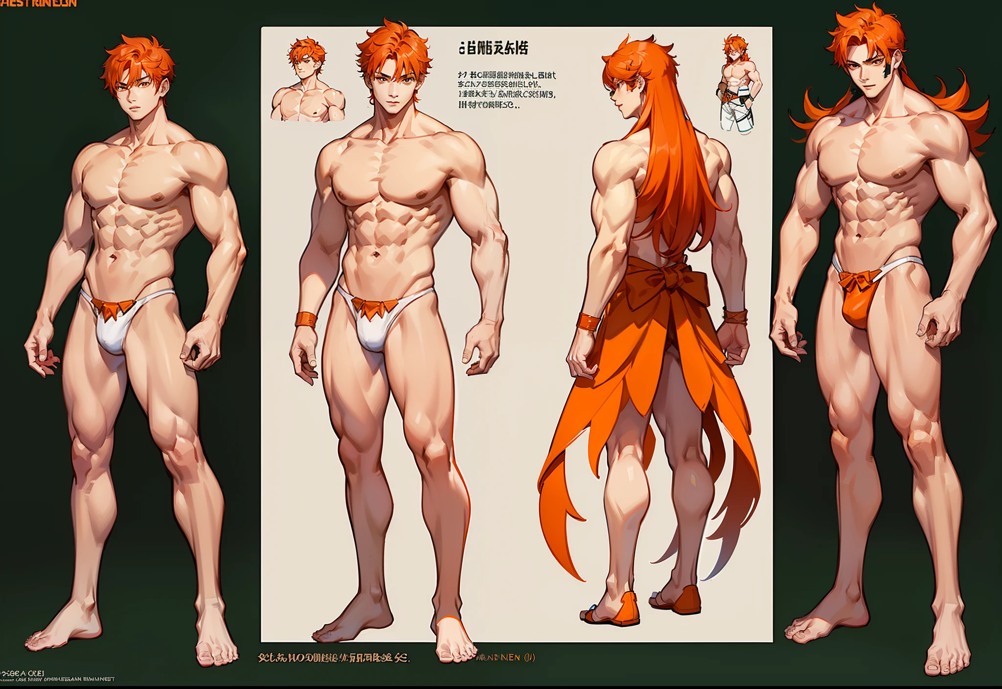 1boy, single, asian boy, reference sheet, character design, front angle, side angle, rear angle, dynamic poses, (masterpiece:1.2), (best quality:1.3), fantasy outfit, muscle body, athletic body. (Orange eyes), (long hair), (long bangs), (orange hair), (pale skin),  lean (reference sheet:1.5)
