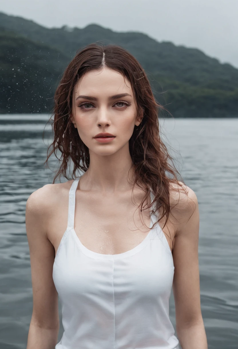 photograph of a woman in a white tank top in water, wet hair pulled back, wet jeans, arab, wet tank top, soaked, hair slicked back, beautiful symmetrical face, ultra realistic, fashion editorial, elegant, highly detailed, intricate, sharp focus, 85mm, mid shot, (centered image composition), trending on instagram
