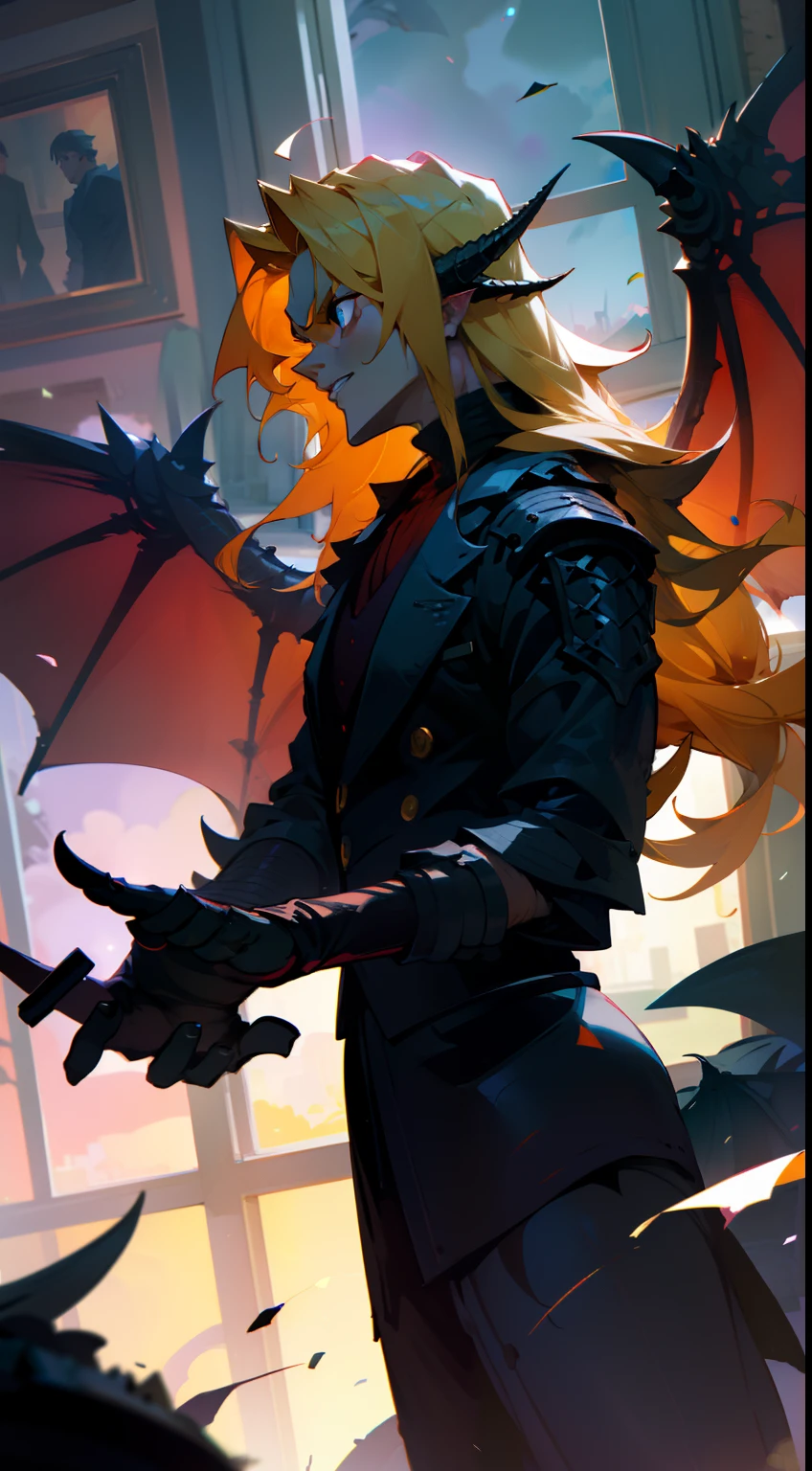 1man,solo,40s,serious face,teacher outfit, dark yellow hair,long hair,black dragon wings,blue eyes,standing in front of a window, night