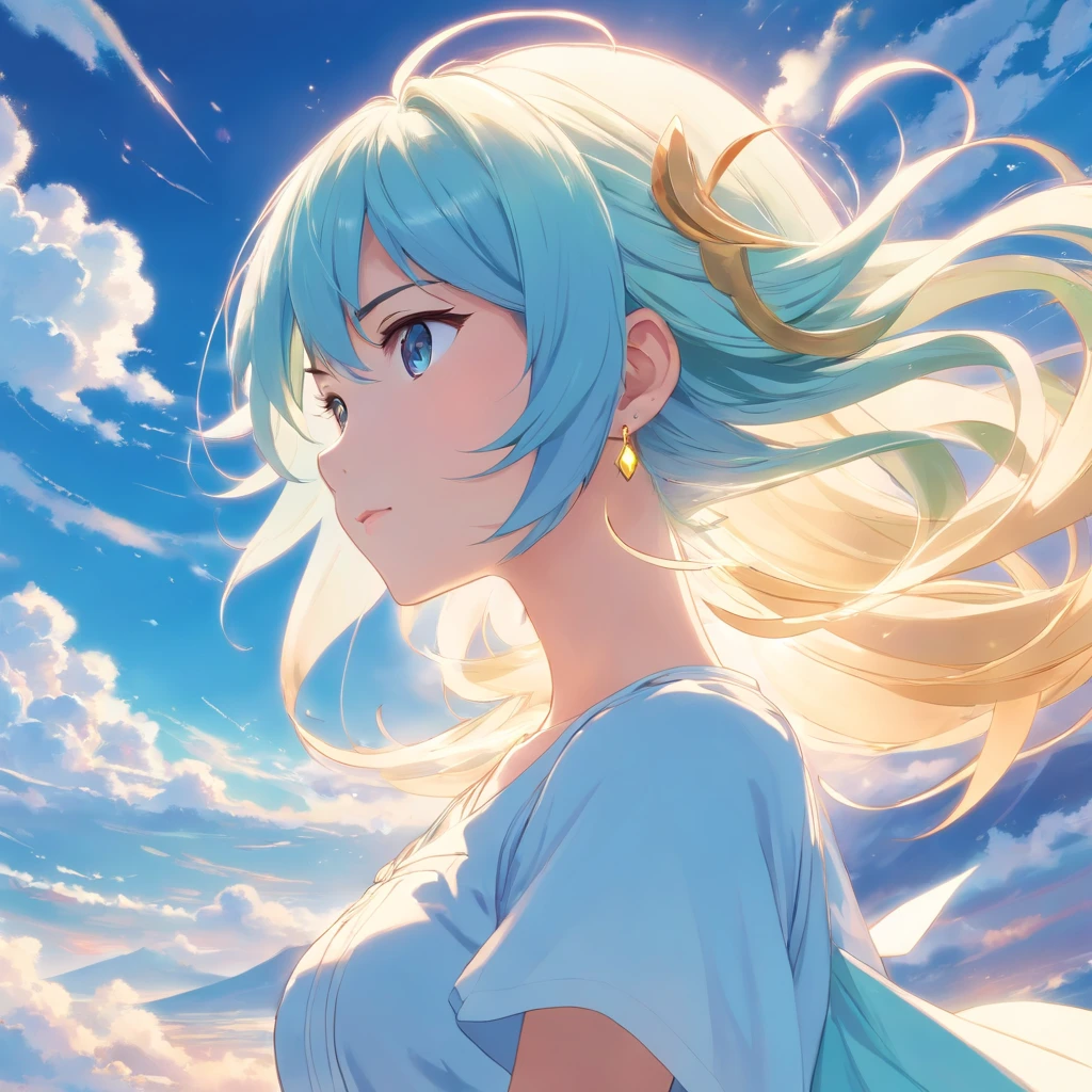 High quality, Very detailed, Clear Image, Profile anime girl, With long light blue hair, Hair in the wind, Golden Eyes, shiny earrings, White Dress, close to the body, Blue sky, With moving clouds