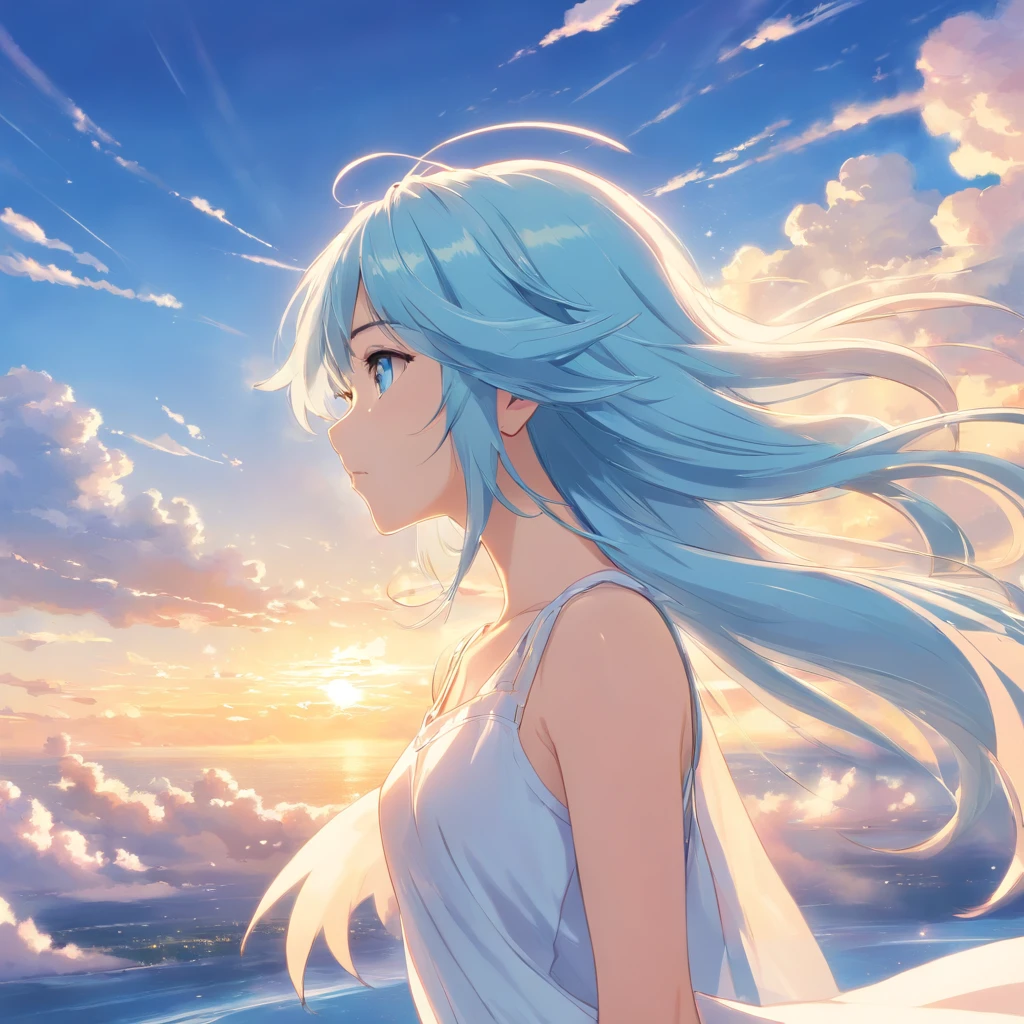 High quality, Very detailed, Clear Image, Profile anime girl, With long light blue hair, Hair in the wind, Golden Eyes, shiny earrings, White Dress, close to the body, Blue sky, With moving clouds