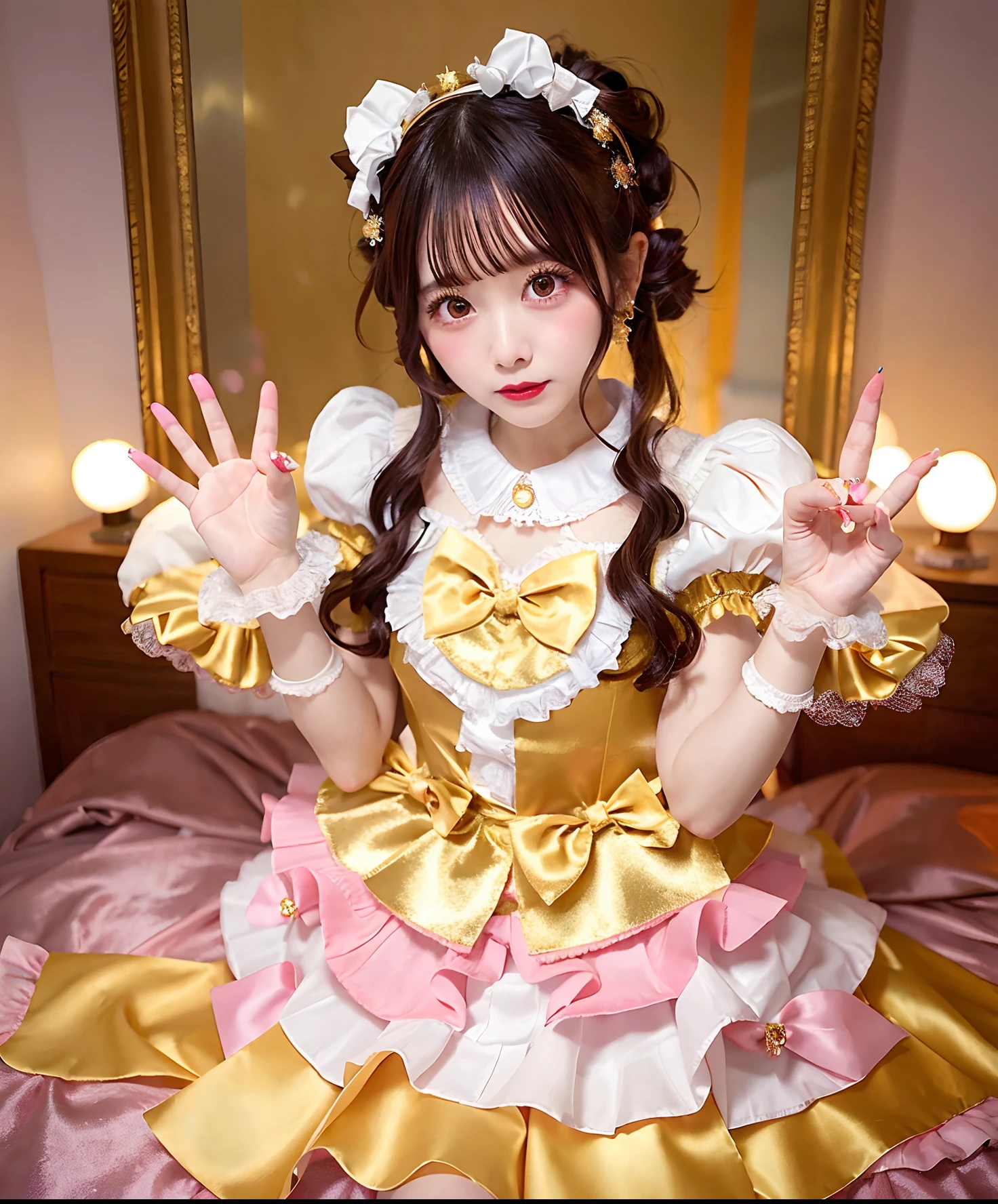 Woman in gold satin dress posing for photo, angelic pretty, Belle Delphine, fairycore, kawaii decora rainbowcore, portrait of the magical Lolita girl, Lolita style, y 2 k cutecore clowncore, cutecore, Lolita Fashion, by Ayami Kojima, kinomoto sakura, Satin costume with frills, Lori, juri misaki