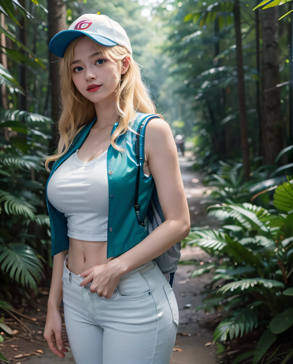 1girl, (Blue eyes), smiling, (Sana Minatozaki), wide hips, Big Boobs, big ass, (Best Quality, 8k, Masterpiece: 1.3), Clear Focus: 1.2, Perfect Body Beauty: 1.4, Slender Abs: 1.2, Highly detailed face and skin texture, detailed eyes, double eyelids, red lips, (blonde long hair), (white t-shirt), (blue vest :1.2), (tight jeans), (red sports cap :1.2), (green backpack :1.2), standing, (in a forest), trees in the background, deep on field
