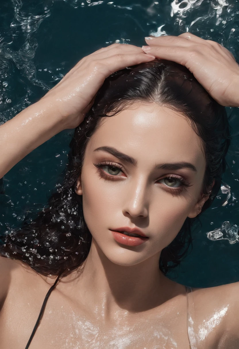 photograph of Arab woman in a revealing Arabic clothing in water, wet hair pulled back, wet jeans, brown skin color, exotic, wet revealing Arabic clothing, soaked, desert oasis, hair slicked back, beautiful symmetrical face, ultra realistic, fashion editorial, elegant, highly detailed, intricate, sharp focus, 85mm, full body shot, (centered image composition), trending on instagram