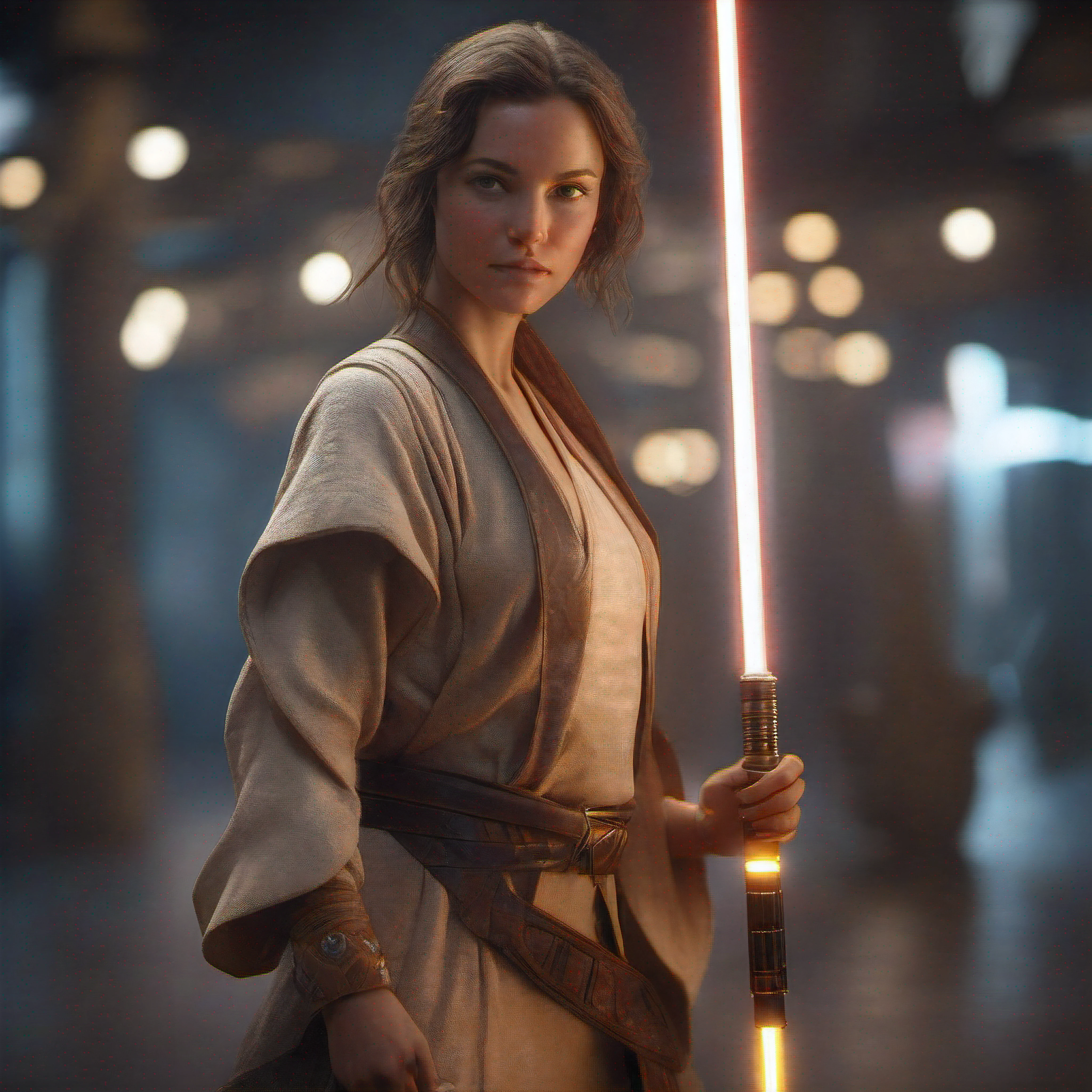 girl wearing Jedi attire: 36.0, holding an amber-colored neon lightsaber: 36.0, in combat stance: 36.0, maximum quality, glowing eyes: 36.0, Rendering: 36.0, 64 mil, cinematic, ultra-high resolution: 36.0, Gamma, Coloring, full body: 36.0, perfect face: 36.0, detailed skin: 36.0, intricate details: 36.0, detailed hands: 36.0, 5 fingers: 36.0, realistic skin: 36.0, 64 mil, maximum quality, dramatic light, medium depth of field , Lomography , Neon light, maximum quality, beautiful, master piece, Rendering, 64 mil, high resolution realistic texture, filmic grain, cinematic
