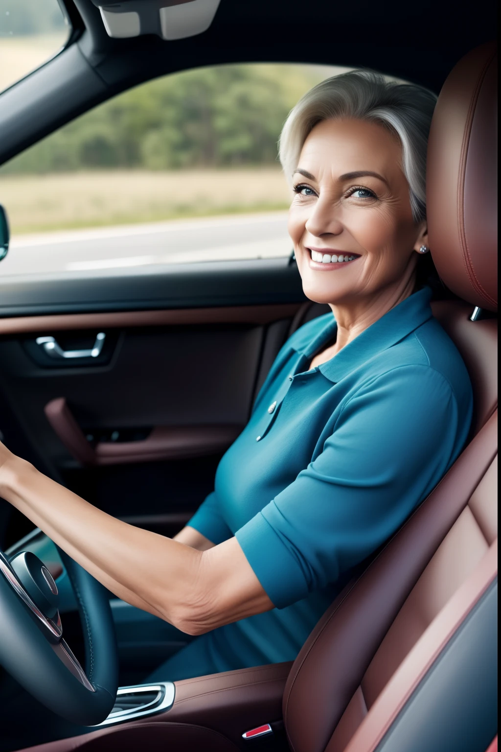 I need an image that contains a woman in her 50s(50 years old) in a car, driving. With your hands on the steering wheel of the car. She needs to be VERY HAPPY