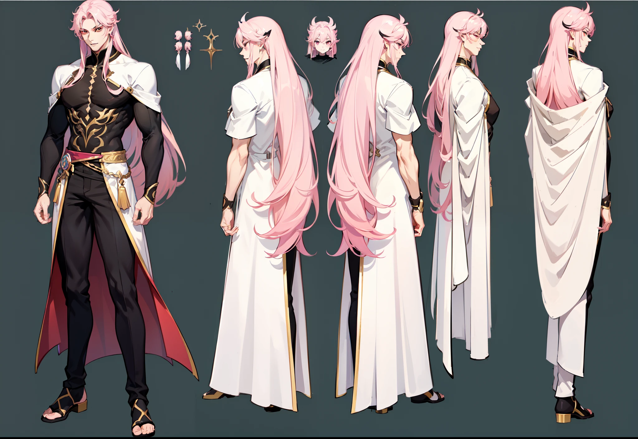 1boy, single, asian boy, reference sheet, character design, front angle, side angle, rear angle, dynamic poses, tall man, (masterpiece:1.2), (best quality:1.3), fantasy outfit, muscle body, athletic body. (Pink eyes), (long hair), (long bangs), (pink hair), (pale skin), (reference sheet:1.5)