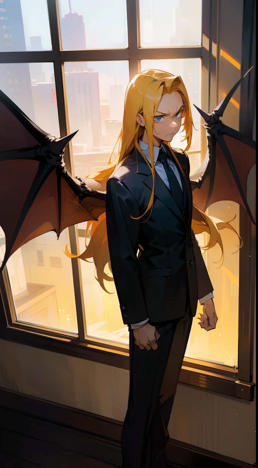 1man,solo,40s,serious face,teacher outfit, dark yellow hair,long hair,black dragon wings,blue eyes,standing in front of a window, night