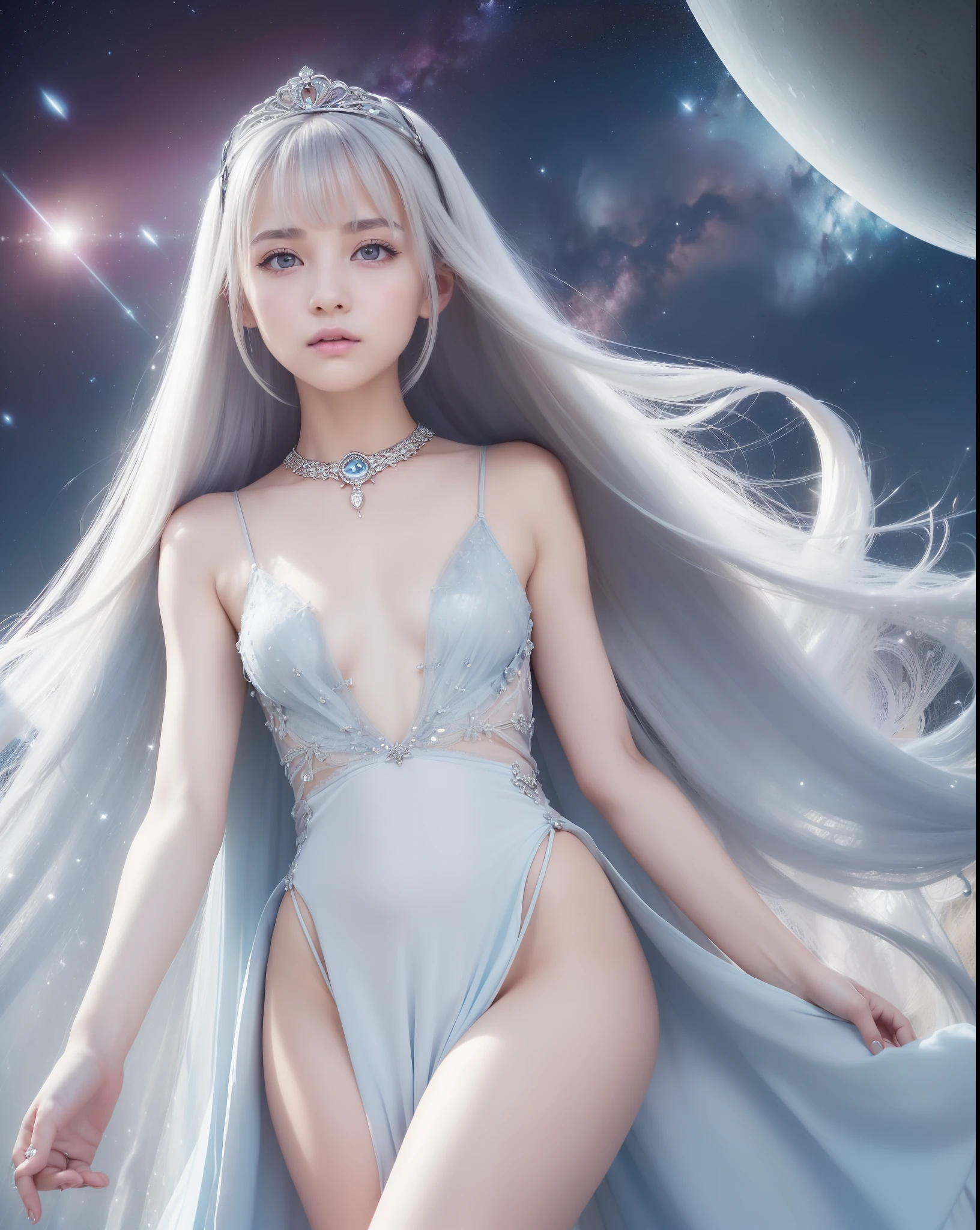 An ultra-high picture quality、(((full body Esbian)))、frontage、bilaterally symmetrical、((The background is a very dark Milky Way))、(((Planktonic)))、colourfull、muitoリアルHuman texture、 ((( very cute beautiful skinny prague white girl)))、((Very white skin of a 14-year-old uca girlth blood vessels showing through))、(((very long and high nose of a white woman,,,,,,,,,,,,,,,,,,,,,,,,,,,,)))、(((Under the short nose)))、(((no-makeup)))、( Height 164 cm、head length 20 cm、leg length 82 centimeters,)、Normal shoulder width、Long arms、Long Torso、long neck、Long below the knee、Thin little face、Natural double eyelids、 (1girl in:1.3), Light persona, Dark Persona, mind control, fractral, ceiling, Artistic background, Geometric, organics, blessings, favor, noble, unfolded, elucidation, antigravity, Antimatter, holy, Sacred, spiritual, Dignified, Luminescent, Holographic, About Magic Circle, photons, scales, Beak,(artistic)、(((The most fantastic bright light blue eyebrows))),,(((Ultra high resolution pale light blue silver hair and silky thin shiny eyebrows,,)))、(((Super luxurious petite see-through Western style long dress full of luxury accessories)))、(((Beautiful white skin with hair and pores,)))、(((Extremely delicate and brightly colored targets)))、(((Beautiful glowing caucasian woman with bright light blue iris iris eye with ultra high definition pattern)))、(((I love you))),(((Small drooping eyes with a gentle feeling)))、(((very thin eyelashes)))、(((Realistic naked eye)))、High Definition Lip、(((Cute girlish hairstyle spreads softly............................)))、(((A Princess)))、(((large chest directed upwards in a very three-dimensional pointed shape,,,,,,,,,,,,,,,,,,,,,,,,,,,,)))、(((Dreams)))、(((Your imagination)))、(((Fluffy High Half Twin Tail Hair)))、Luxurious Princess Tiara、Luxury Princess Necklace、(((Looking at the camera)))、(((A gaze to look here)))、((With movement))、(((princess dress)))、(((valkyrie)))、(((Reflective iron bikini armor)))、((s Armor)),Navel i